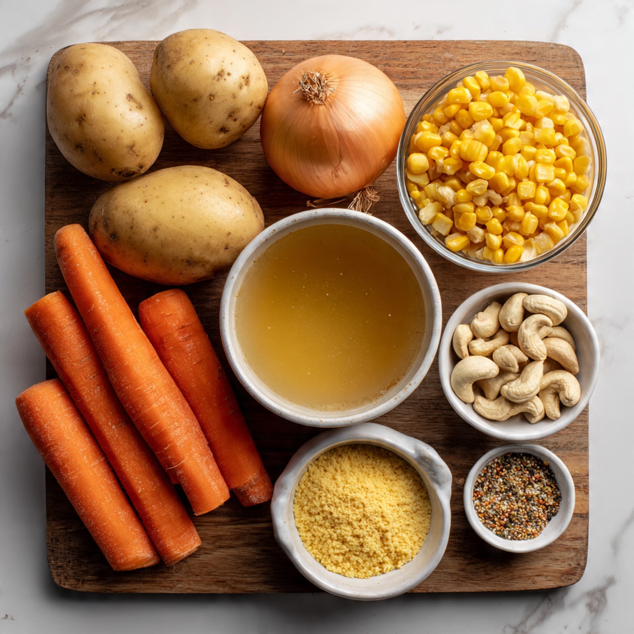 A wooden board holds an arrangement of raw ingredients including two light brown potatoes with smooth skin, three peeled orange carrots, a whole yellow onion, a clear bowl filled with golden broth, a white bowl full of bright yellow corn kernels, a white bowl with cashew nuts, another small white bowl containing yellow cornmeal, and a small white cup with mixed seeds and spices. The background surface is a white marbled texture. photo taken with an iphone --ar 4:5 --v 7