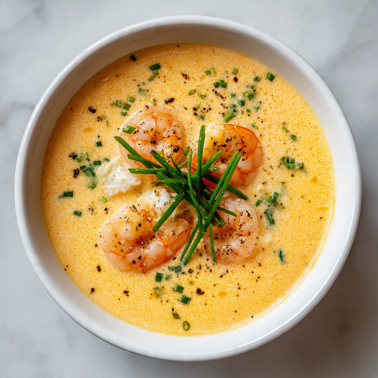 A white bowl filled with creamy orange soup that has a smooth and slightly frothy texture. Inside the soup, there are three bright orange shrimp placed near the surface, along with small pieces of white crab meat scattered around. The soup is sprinkled with small green chopped herbs and black pepper, giving it a speckled look. On top, a small bunch of whole green chive stalks is arranged in the center, adding a fresh contrast. The bowl sits on a white marbled surface. Photo taken with an iphone --ar 4:5 --v 7