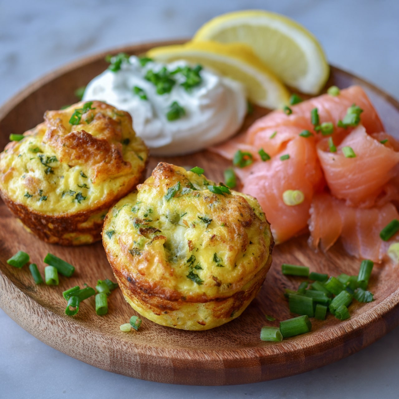The image shows a wooden plate with two small, puffy, light golden baked egg muffins that have green herbs inside them. Next to these muffins, there are thin slices of pink smoked salmon arranged in soft folds. On the side, there is a dollop of white sour cream topped with chopped green onions. Two thin lemon slices sit above the egg muffins. A few extra pieces of chopped green onion are scattered around the plate. The photo taken with an iphone --ar 4:5 --v 7