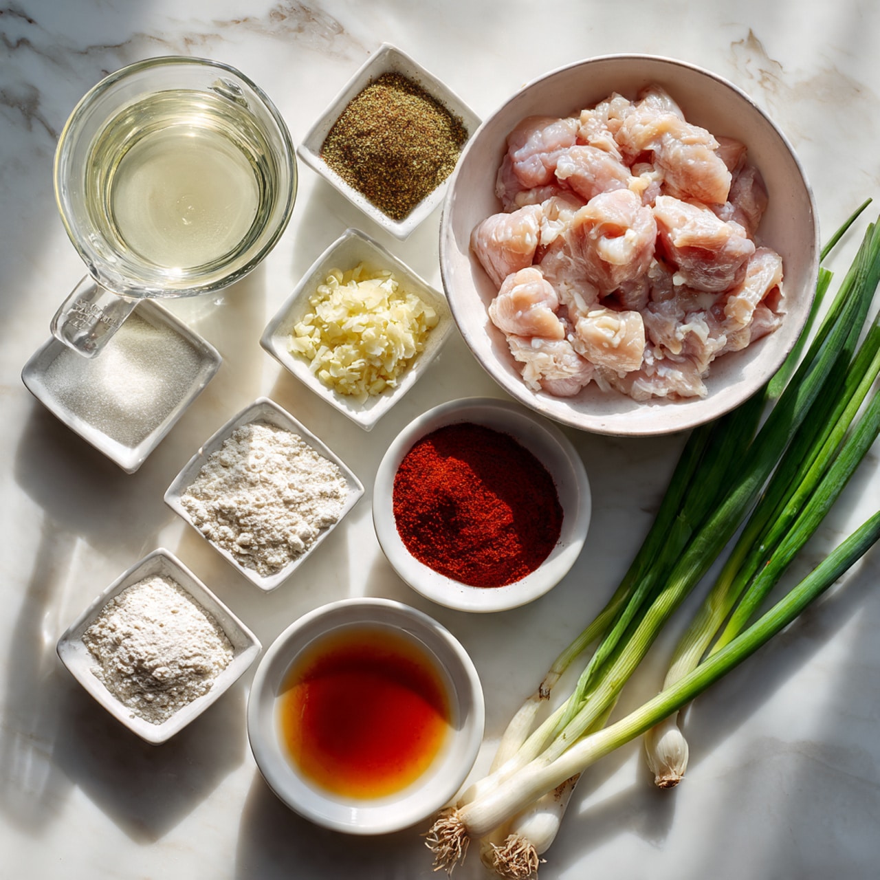 The image shows a white marbled surface with several small white bowls and a measuring cup arranged in a neat grid. At the top center, there is a white bowl filled with raw, light pink chicken pieces. To its left is a glass measuring cup with white liquid. Surrounding these are small white square bowls containing finely chopped garlic, light brown ground spice, white granulated sugar, and bright red chili powder. Below these, there are small round white bowls with an amber-colored sauce, a deep red sauce, and white flour. Green onions with white and green stalks lie diagonally across the bottom right corner. The overall scene is bright with soft light highlighting the colors and textures. Photo taken with an iphone --ar 4:5 --v 7