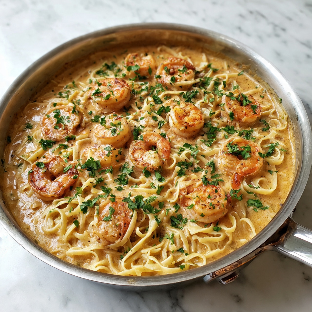 A metal pan filled with a creamy pasta dish holding a single layer of long, flat noodles coated in a light brown sauce, mixed with large, pink shrimp that have a slight orange tint and are scattered evenly across the noodles, garnished with small green parsley bits on top. The pan sits on a white marbled surface. Photo taken with an iphone --ar 4:5 --v 7