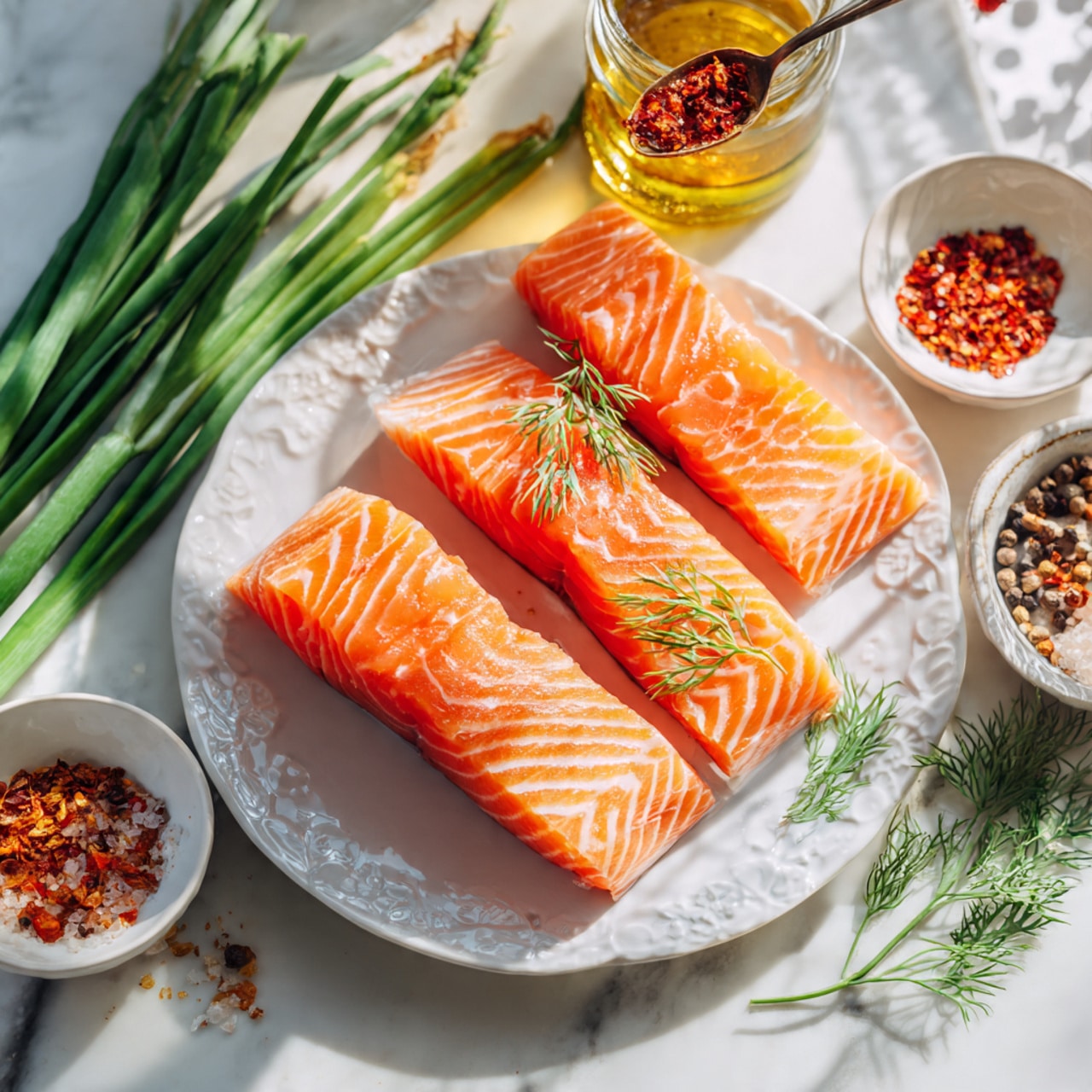 The image shows three pieces of fresh raw salmon fillets with vibrant orange and white marbling pattern, placed on a white plate with a delicate pattern around the edge. The plate is set on a white marbled surface surrounded by small bowls and jars containing various spices and oils, including red chili flakes, honey, and coarse salt. There are fresh green onions on the left side of the plate, a glass jar filled with golden oil on the top left, and a woman’s hand holding a spoon with a reddish seasoning near the top center. The lighting is bright and natural, highlighting the fresh texture of the salmon and colorful ingredients around. photo taken with an iphone --ar 4:5 --v 7