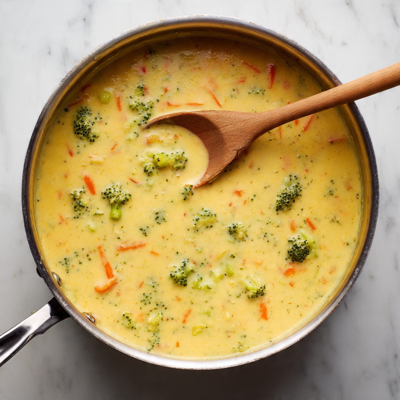 This image shows a thick soup or sauce in a large metal pot, with a smooth, creamy yellow base. Mixed inside are small, bright green broccoli pieces and thin, long orange carrot strips spread evenly throughout. A light wooden spoon is partly dipped into the creamy mix, showing the texture as rich and smooth with small vegetable bits. The setting surface has a white marbled texture. photo taken with an iphone --ar 4:5 --v 7