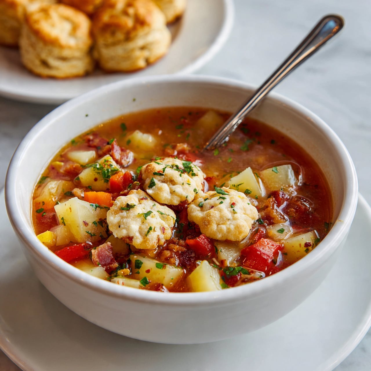A white bowl filled with chunky soup showing three layers: the bottom layer is a clear red broth, the middle layer has diced yellow potatoes, orange carrots, and red tomatoes mixed with herbs, and the top layer has round light beige oyster crackers sprinkled with small bits of green herbs and crunchy pieces of bacon. A silver spoon rests inside the bowl, partially submerged in the soup. In the background, slightly out of focus, there is a white plate with golden brown biscuits. The setting is on a white marbled surface. Photo taken with an iphone --ar 4:5 --v 7