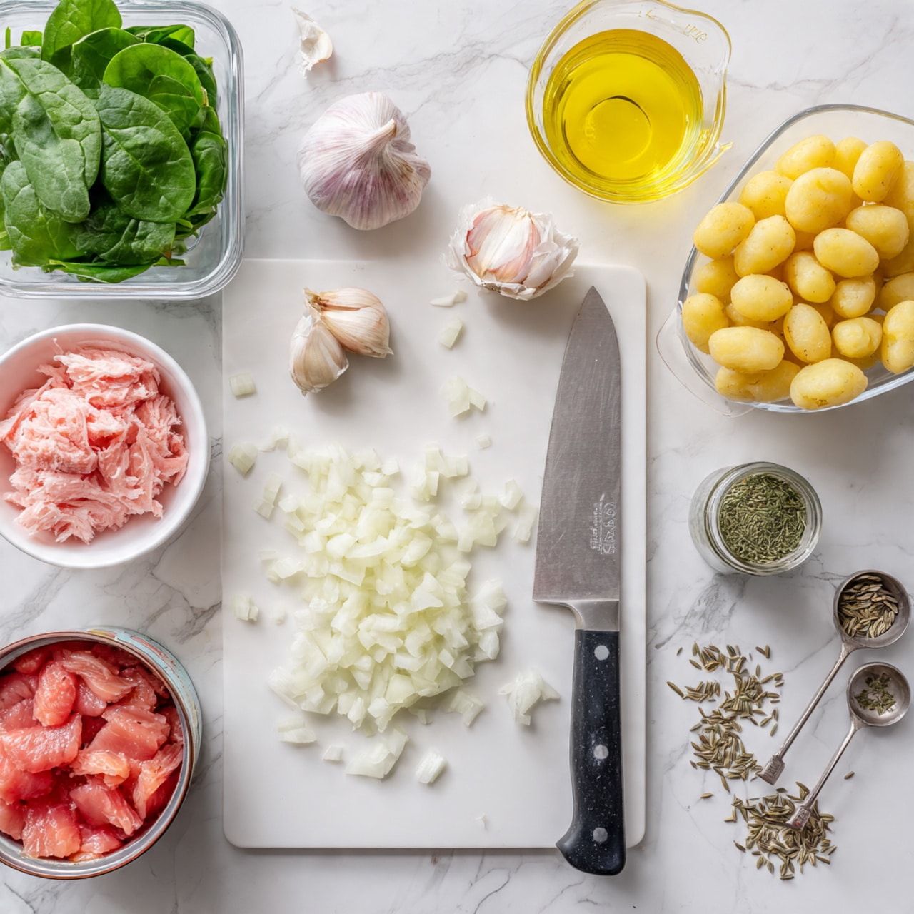 The image shows a white cutting board placed on a white marbled surface with a large kitchen knife on it, next to a pile of finely chopped white onions and a half piece of white onion. To the left, there is a clear container filled with fresh green spinach leaves. Above the cutting board are a whole garlic bulb and a few individual garlic cloves. To the right, there is a small glass bottle of fennel seeds which has spilled some seeds on the surface, and two silver measuring spoons filled with herbs. Above the garlic, on the white marbled surface, sits a transparent container filled with yellow gnocchi. To its left, there is a white bowl filled with shredded pink salmon. In the top middle, there is a glass measuring cup filled with yellow liquid. Near the center-left, there is an open can of tomatoes with visible tomato pieces inside, and some scattered garlic skin pieces. photo taken with an iphone --ar 4:5 --v 7