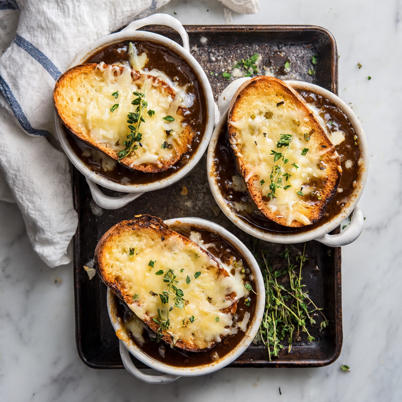 Three white bowls filled with dark brown soup topped with melted light yellow cheese and toasted slices of bread. Each bowl has two or three slices of golden toasted bread partly covered by creamy melted cheese with sprigs of green herbs scattered on top. The bowls sit on a dark tray with some spills around them, all placed on a white marbled surface, with a white cloth towel featuring blue stripes nearby. photo taken with an iphone --ar 4:5 --v 7