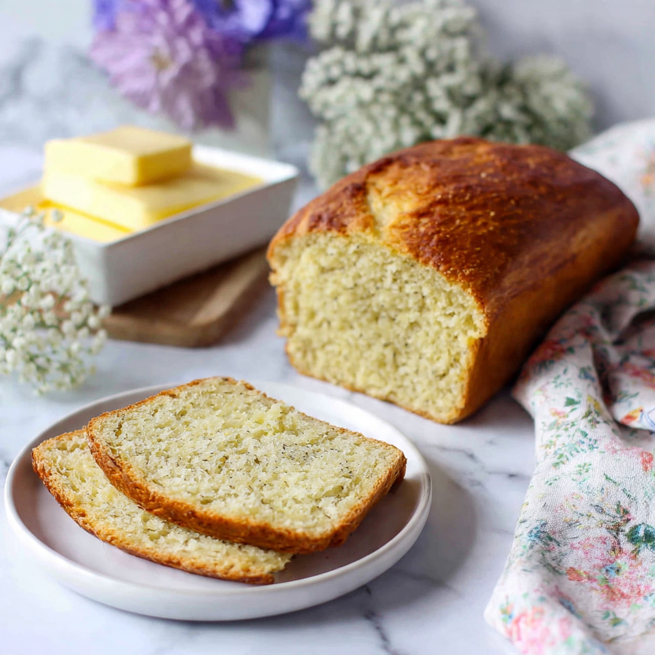 The image shows a loaf of golden brown bread with a soft and fluffy texture, placed on a white plate on a white marbled surface. One slice of bread lies flat on a white plate in the foreground, revealing its light, airy inside with small holes. Nearby, soft yellow butter sticks sit on a rectangular white dish blurred in the background. A white and pastel floral cloth and delicate flowers add a gentle touch to the scene. Photo taken with an iphone --ar 4:5 --v 7