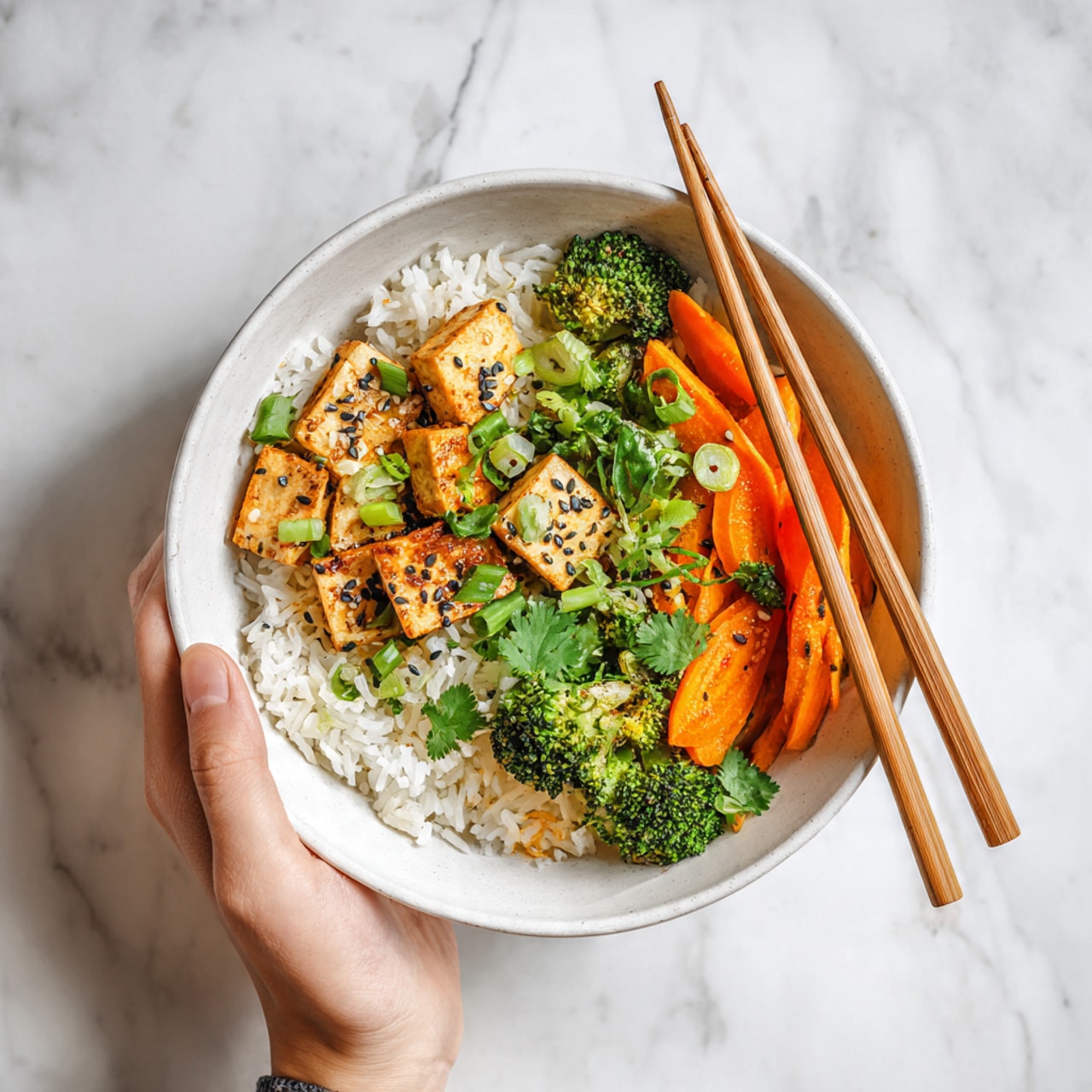 The image shows a white bowl filled with a layered dish. The base layer is white rice with a light fluffy texture. On top, there are bright orange slices of cooked carrot and green steamed broccoli florets scattered around. There are pieces of golden brown tofu placed in the middle, partially covered by thin green onion slices and small fresh green cilantro leaves. Black sesame seeds are sprinkled over the entire dish adding small dark spots of color. A woman's hand holds light brown wooden chopsticks resting on the bowl’s edge. The bowl is placed on a white marbled surface. photo taken with an iphone --ar 4:5 --v 7
