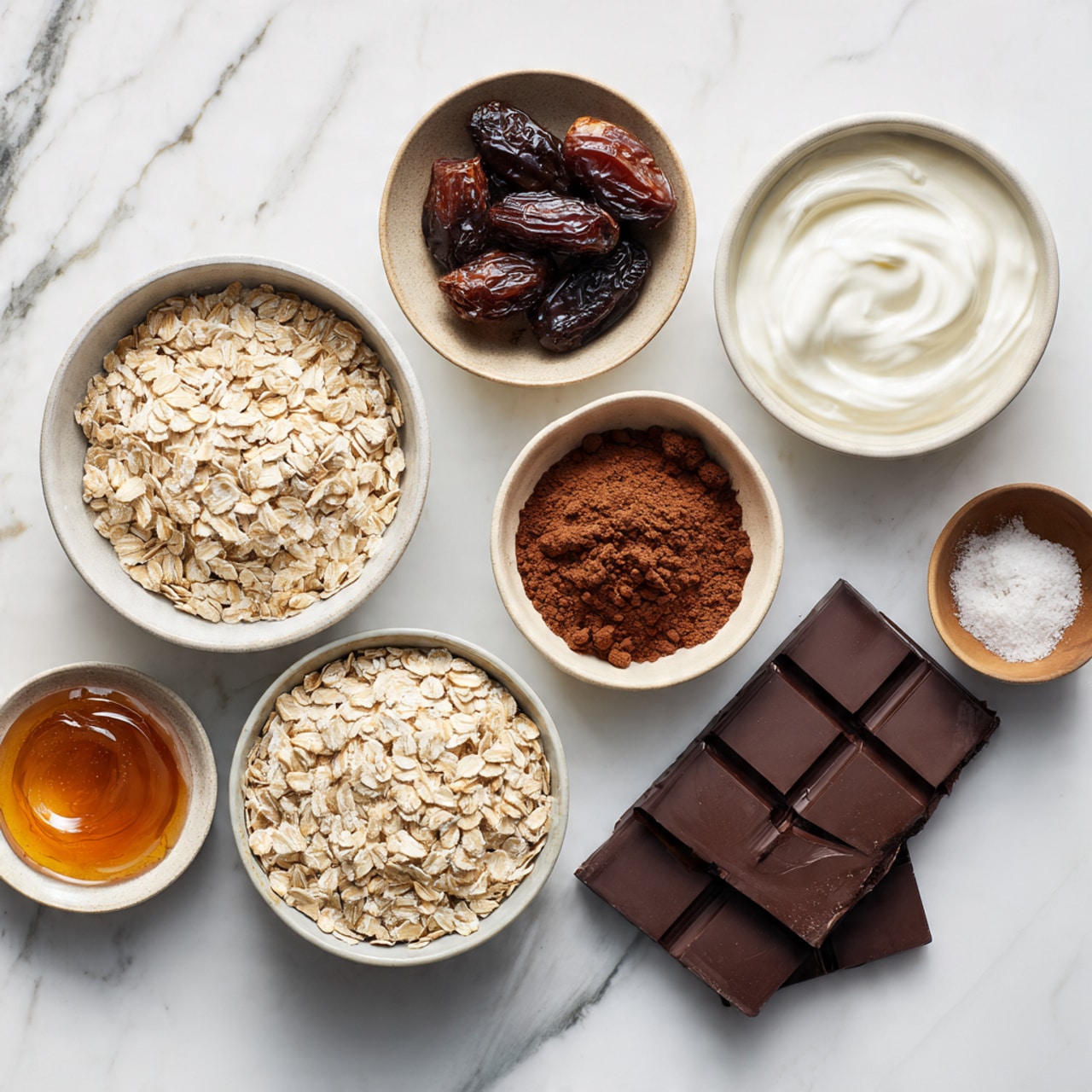 Several different white bowls are arranged on a white marbled surface, each holding a separate ingredient. There are five larger bowls and three smaller bowls. The biggest bowls contain light brown oats, dark brown dates, tan almond butter, and white creamy yogurt, each with smooth or slightly coarse texture. Smaller bowls hold a rich brown cocoa powder, dark brown vanilla extract, fine white salt, and shiny dark raisins. Near the center-right, there are three pieces of dark chocolate with a smooth surface and angled lines, resting directly on the white marbled surface. The scene is bright and clean. photo taken with an iphone --ar 4:5 --v 7