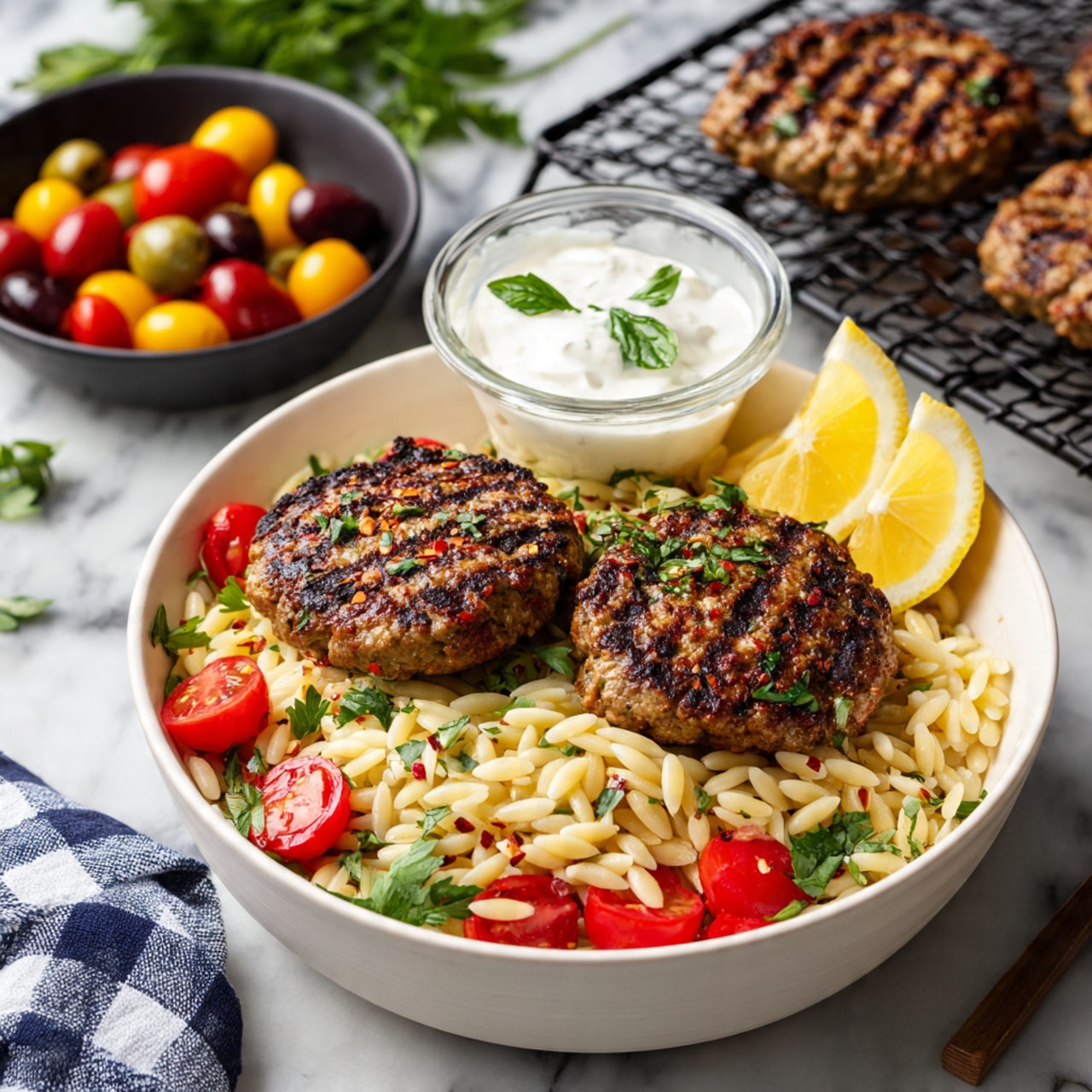 A white bowl with two dark grilled patties placed on a bed of small pale orzo pasta in the center, topped with a white creamy sauce and red pepper flakes. Around the patties are layers of bright red cherry tomatoes cut in halves, light green chopped olives, and fresh green herb leaves scattered on top. On the side inside the bowl are three lemon wedges. There is a small glass container filled with thick white sauce garnished with a herb leaf, positioned near the front edge of the bowl. Behind the bowl, on a white marbled surface, there is a black bowl with more cherry tomatoes and olives. Two more grilled patties rest on a grill rack to the right, slightly blurred. A white and dark blue checkered cloth lies partially visible at the bottom left corner. photo taken with an iphone --ar 4:5 --v 7