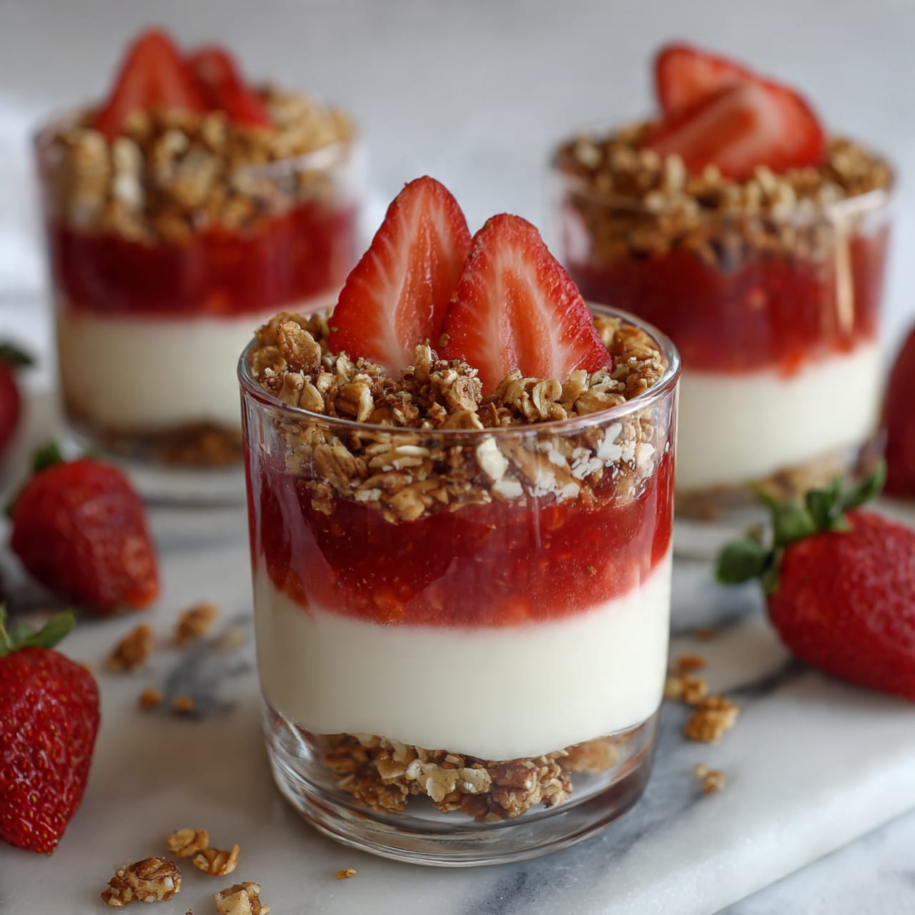The image shows a clear glass cup filled with three layers: the bottom layer is smooth white cream, the middle layer is red strawberry jam with crunchy granola pieces mixed in, and the top layer is more white cream. On top, there is a cluster of granola and two fresh red strawberry halves placed in the center. The glass sits on a white marbled surface with more granola pieces scattered around. In the background, there are two more similar desserts and some fresh strawberries. The photo taken with an iphone --ar 4:5 --v 7
