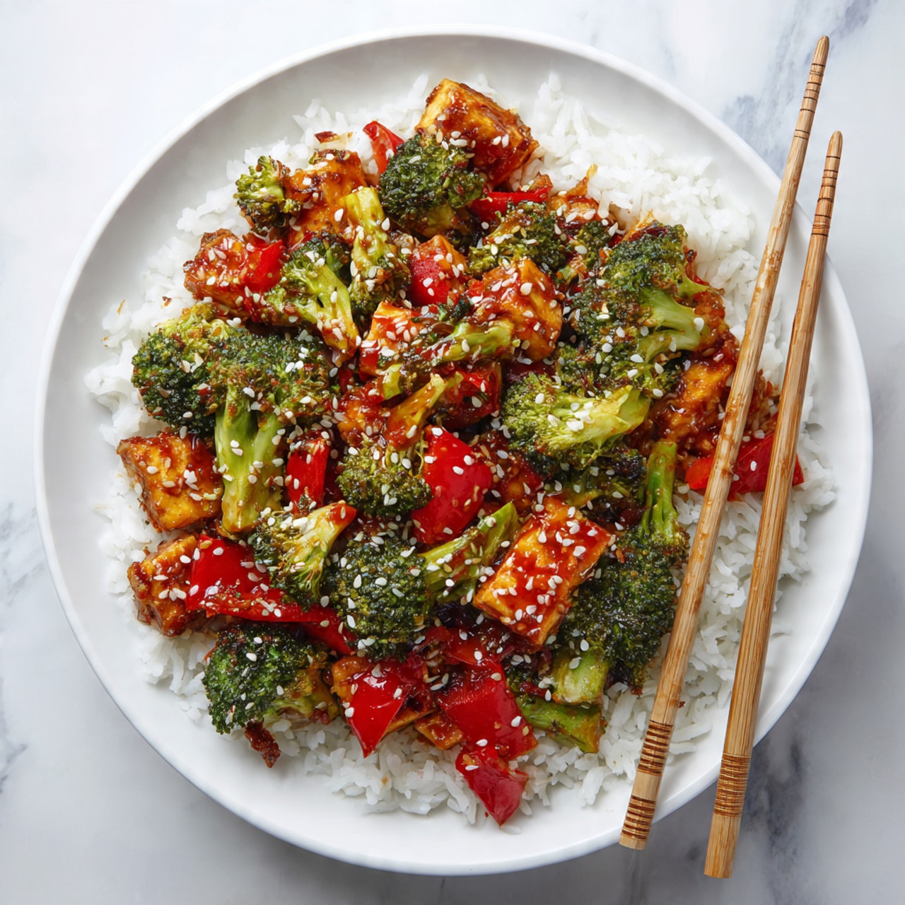 A white plate holds a bed of fluffy white rice as the base layer. On top, there are bright green broccoli florets mixed with shiny, cooked chunks of orange-brown tofu. Scattered among the broccoli and tofu are pieces of vibrant red bell pepper. Everything is coated lightly with a glossy reddish-brown sauce and sprinkled with white sesame seeds. A pair of light brown wooden chopsticks rests on the edge of the plate. The plate sits on a white marbled surface. Photo taken with an iphone --ar 4:5 --v 7