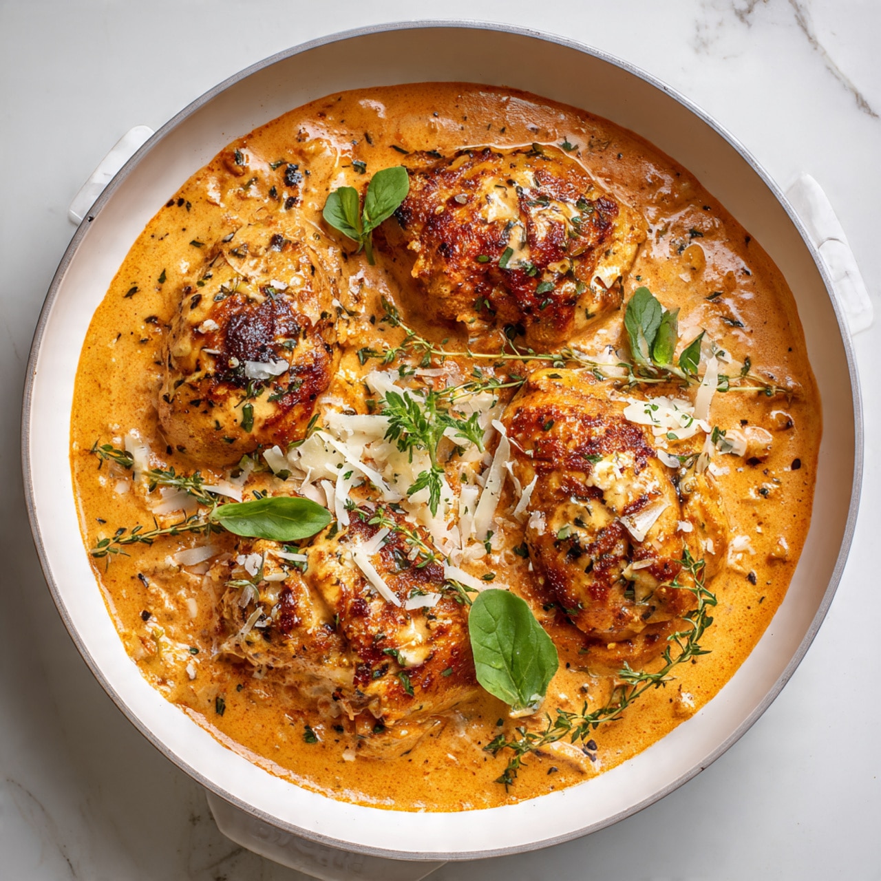 The image shows a white round pan filled with three pieces of cooked chicken covered in a thick orange creamy sauce with specks of green herbs. The sauce looks rich and smooth, spreading around the chicken in the pan. There are small shredded pieces of white cheese sprinkled on top along with some fresh green leaves scattered across the dish. The pan sits on a white marbled surface. Photo taken with an iphone --ar 4:5 --v 7