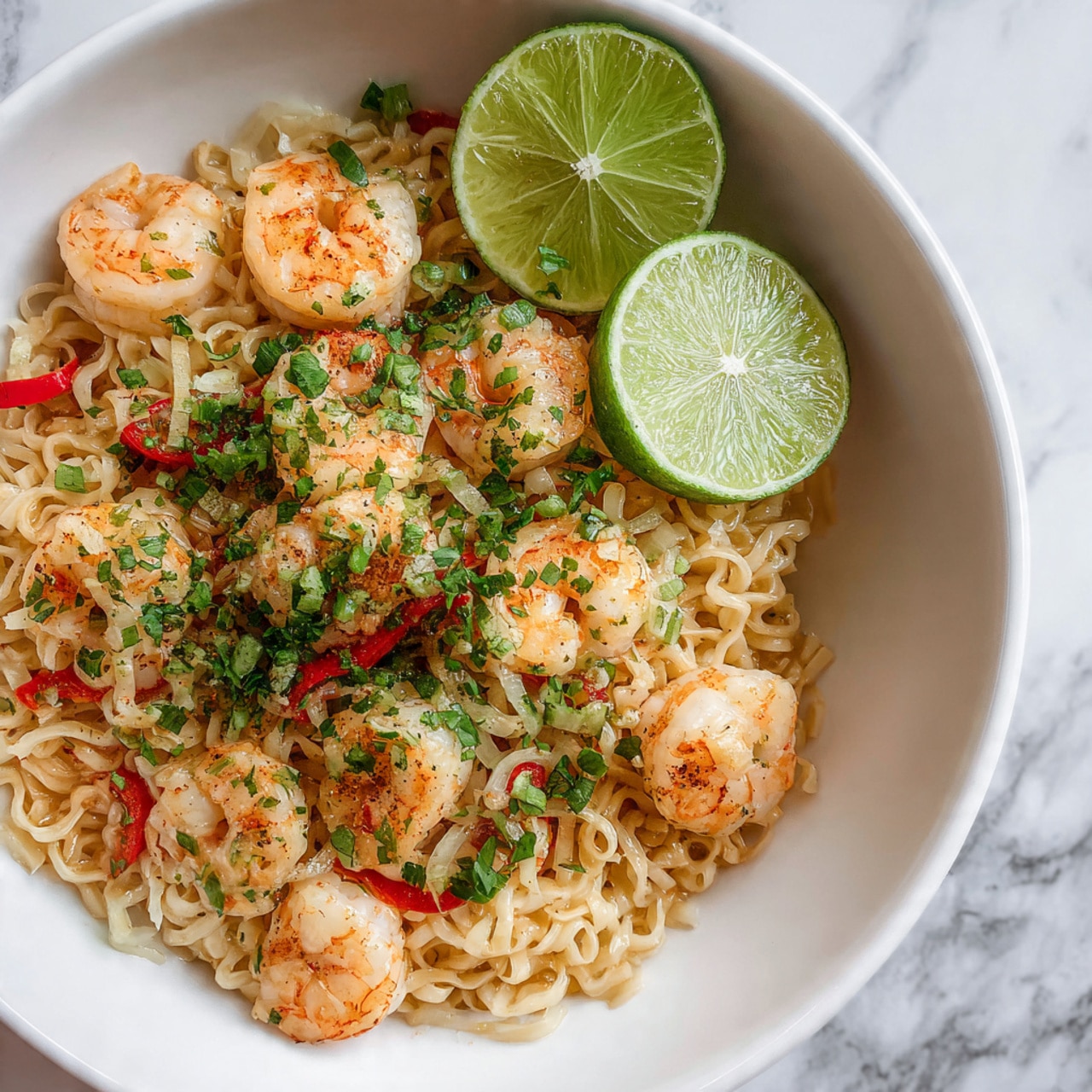 The image shows a close-up of a white bowl filled with three main layers: the bottom layer is light brown noodles with a smooth and slightly shiny texture, mixed with thin slices of green and red bell peppers, and white onion strips. The second layer consists of cooked shrimp with a light pink and slightly translucent look, scattered evenly on top of the noodles. The top layer is a light sprinkle of small green herb pieces, possibly cilantro, adding fresh green accents. Behind the bowl, a sliced lime with a bright green color sits on a white marbled surface, adding a fresh and vibrant touch to the composition. Photo taken with an iphone --ar 4:5 --v 7