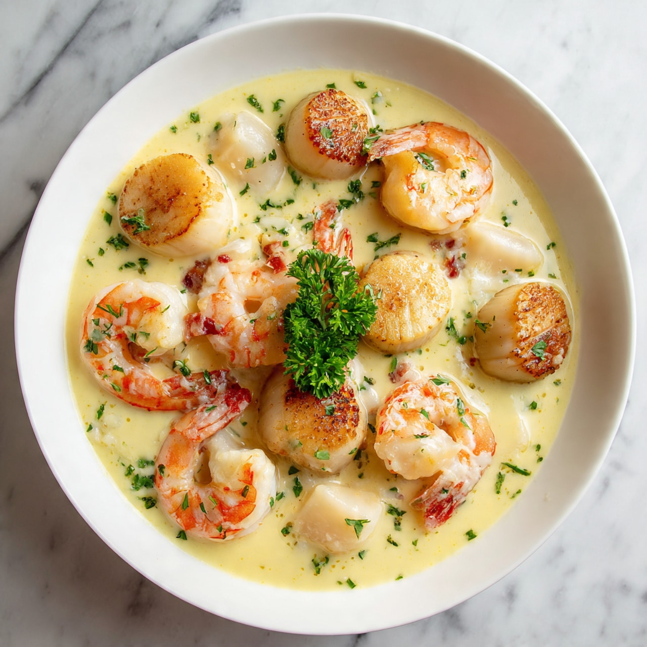 A white bowl filled with a creamy light yellow sauce holding several pieces of cooked shrimp and scallops. The shrimp are pink with curled tails, scattered evenly on top and around the scallops. The scallops are round, slightly browned on top, and nestled in the sauce. In the center, a small sprig of green parsley adds a fresh color contrast. The background shows a white marbled surface. Photo taken with an iphone --ar 4:5 --v 7