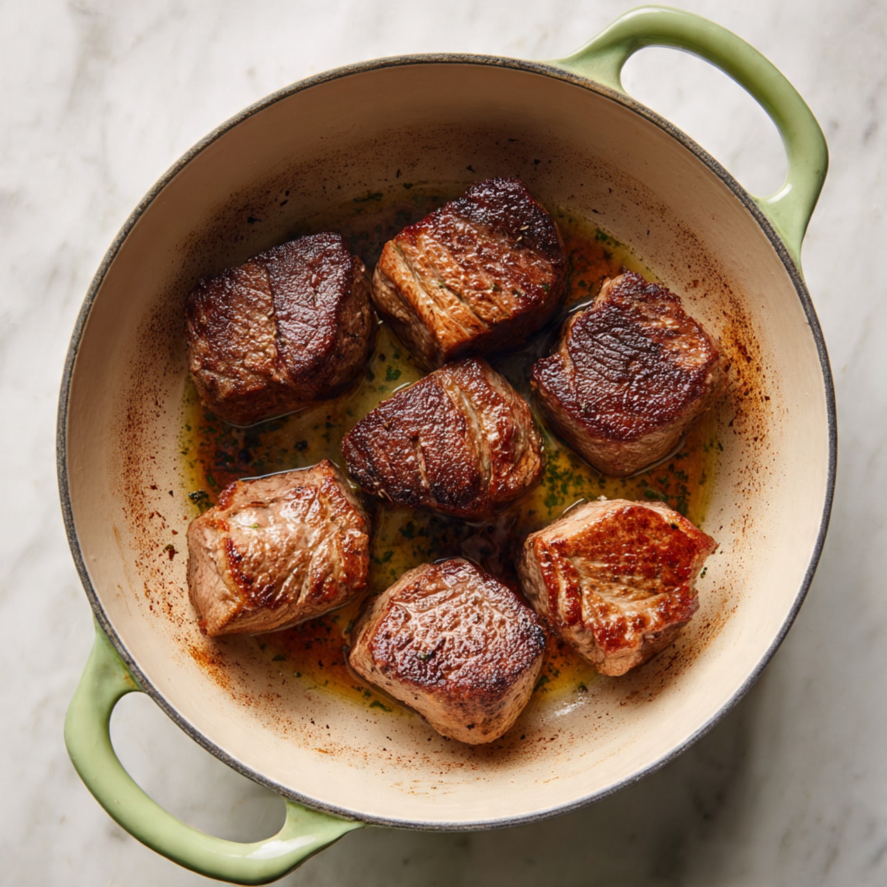 The image shows six pieces of browned meat with a rough, slightly crispy texture on top, spaced evenly in a white pot with light green handles. The meat pieces are a mix of dark brown on the seared sides with some lighter brown and pinkish areas. The pot’s inside surface has some browned marks and oil stains from cooking. The pot is placed on a white marbled surface, creating a clean background that highlights the rich colors of the meat and the pot’s soft green handles. photo taken with an iphone --ar 4:5 --v 7