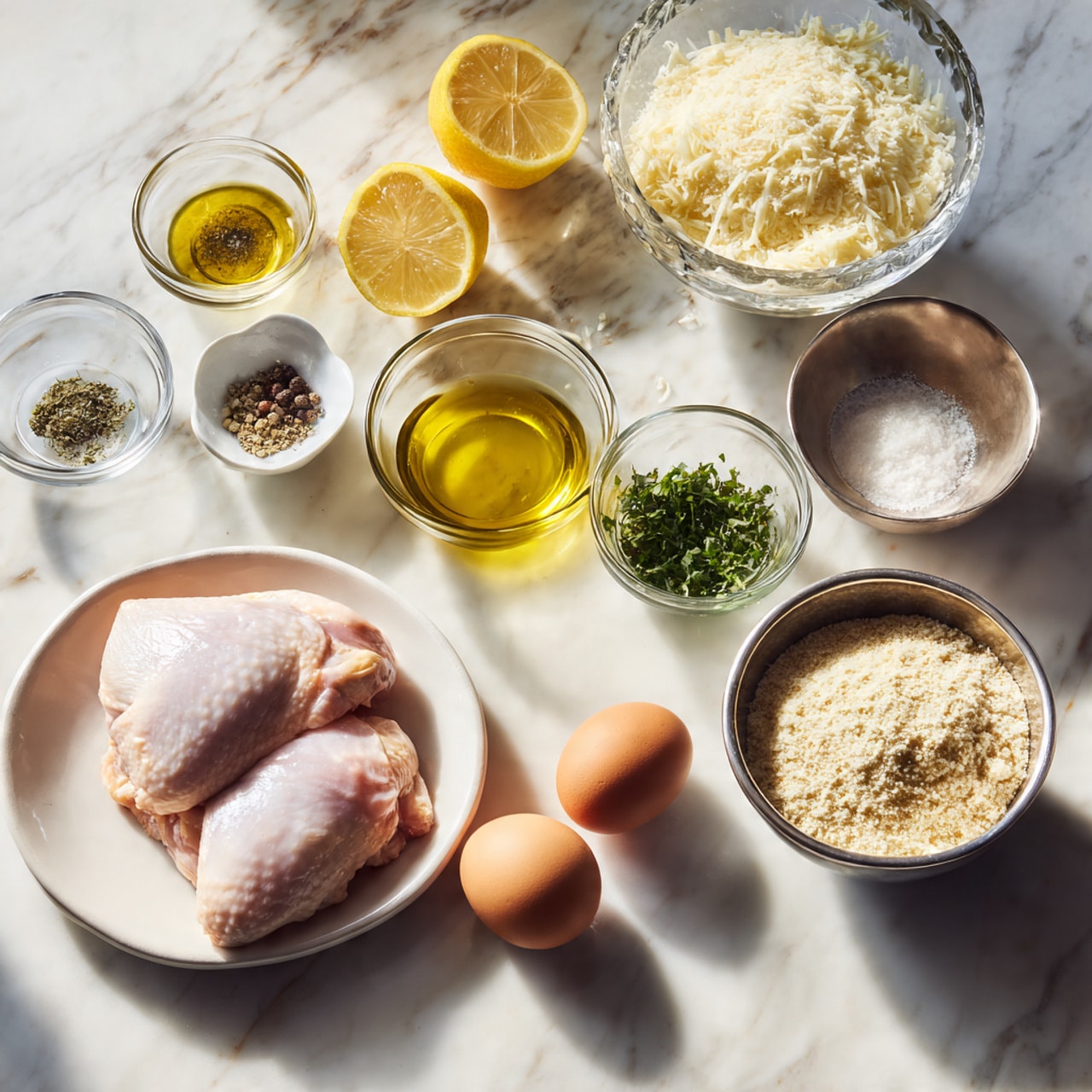 The image shows cooking ingredients neatly arranged on a white marbled surface. In the front, there is a white plate holding two raw chicken pieces. Nearby, two brown eggs sit directly on the surface. Behind them, small glass bowls hold lemon wedges, salt, black pepper, and chopped green herbs. A small bottle of golden olive oil is also visible. A silver mixing bowl contains grated cheese, and next to it is a small bowl filled with breadcrumbs. White flour is in another small bowl close by. The scene is well-lit with natural light. photo taken with an iphone --ar 4:5 --v 7