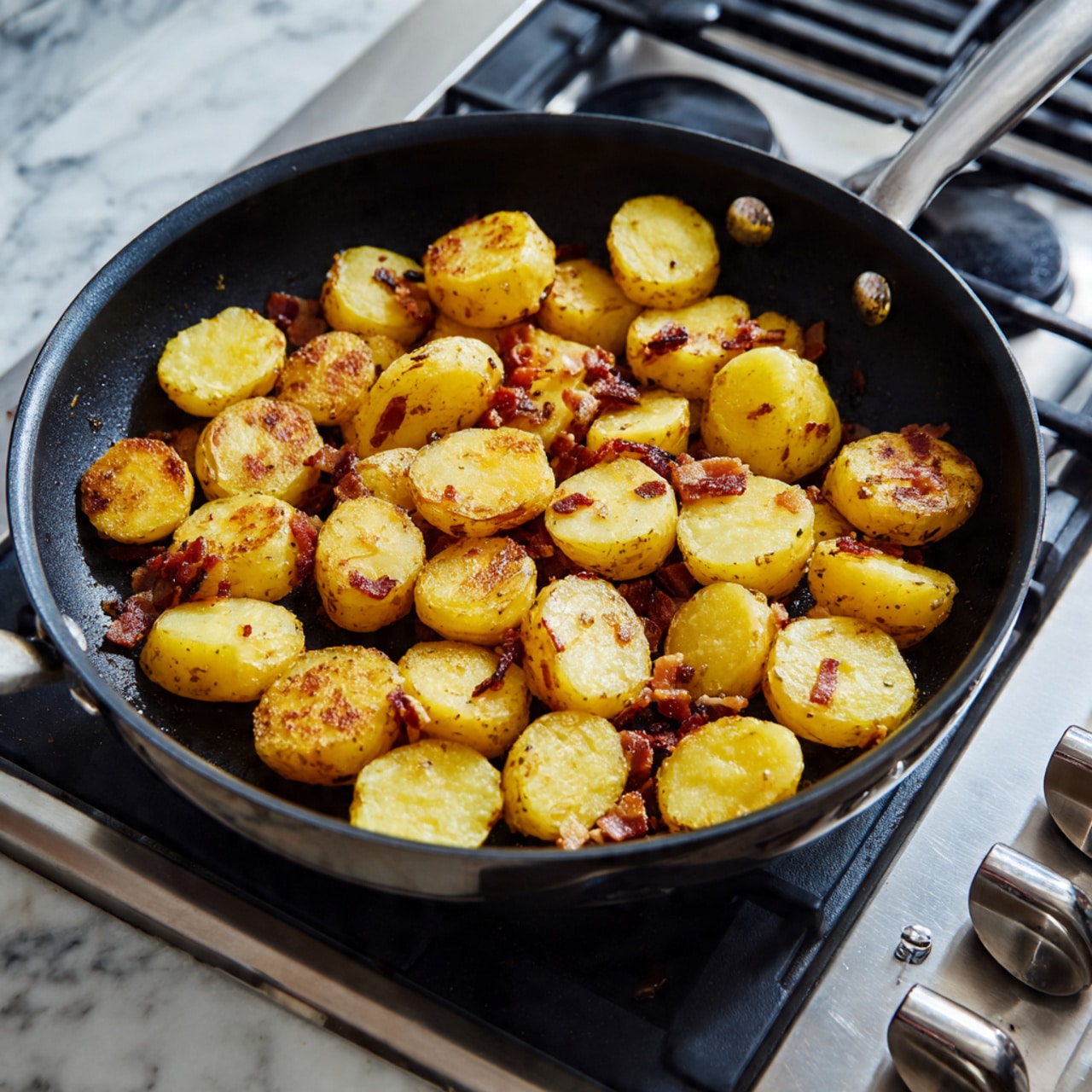 A black frying pan filled with about two layers of golden yellow potato pieces, some of which have browned spots, mixed with crispy browned bacon pieces scattered evenly under and between the potatoes. The pan is placed on a shiny stainless steel gas stove with four silver control knobs and a white marbled countertop visible around it. The light reflects softly on the smooth potato skins and bacon edges, showing a warm cooking process photo taken with an iphone --ar 4:5 --v 7