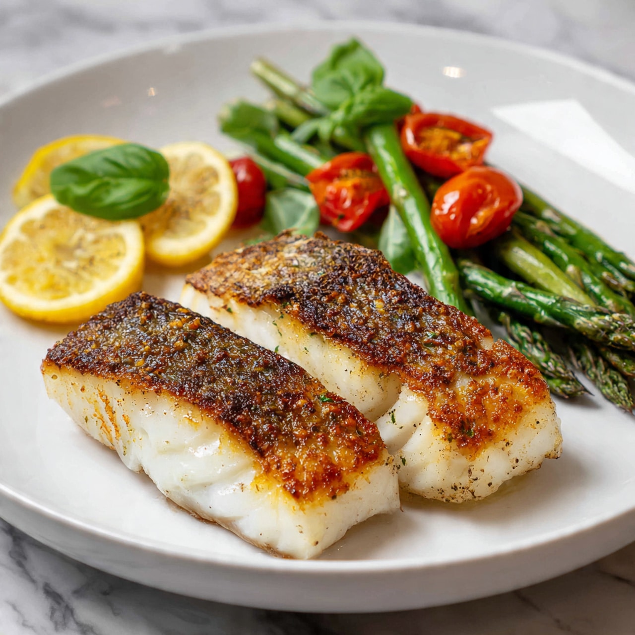 Two thick pieces of golden-brown cooked fish lay side by side on a white plate, showing a crispy texture on top and tender white inside. Behind the fish, there are bright green asparagus spears arranged neatly, with small red cherry tomatoes scattered on top. On the left side of the plate, three thin slices of lemon with visible seeds and a few green basil leaves add color and freshness. The plate sits on a white marbled surface, emphasizing the vibrant colors of the food. photo taken with an iphone --ar 4:5 --v 7
