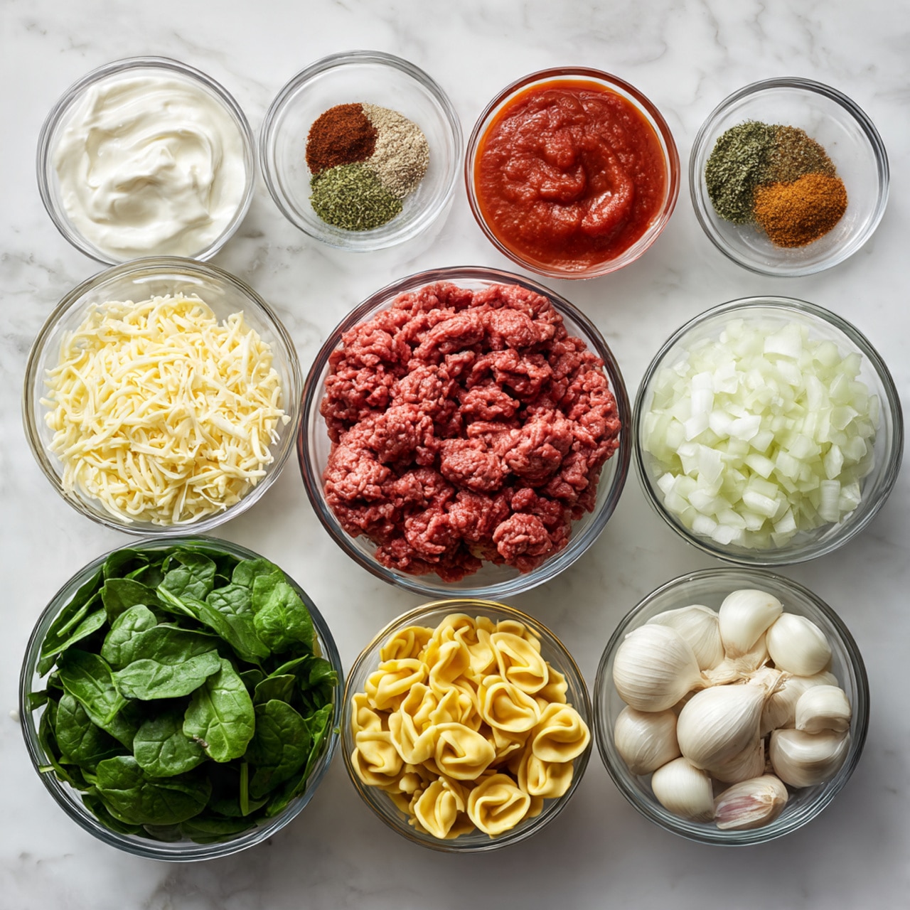 Several bowls with ingredients are arranged on a white marbled surface. There are nine glass bowls and two cloves of garlic. From left to right, the first bowl has white cream, next to it a smaller bowl is filled with shredded cheese. Above these sits a large bowl of bright red tomato sauce. Next to the sauce, a large bowl holds raw ground meat, bright red with a soft texture. Above this, two small bowls contain dried herbs and a mix of spices. To the right, a bowl is full of chopped white onion. Below it, a large bowl is packed with chopped fresh green spinach leaves. At the center bottom, a medium bowl has uncooked yellow tortellini pasta. Two garlic cloves rest beside the onion bowl. Photo taken with an iphone --ar 4:5 --v 7
