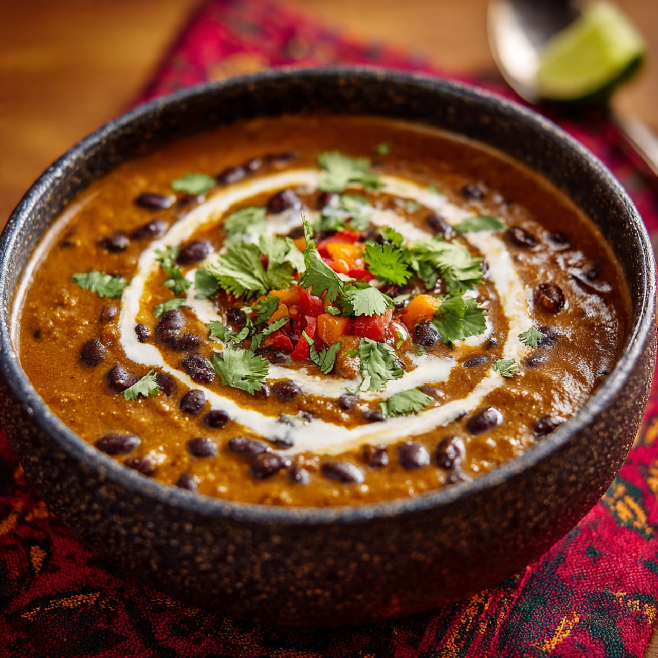 The image shows a dark speckled bowl filled with thick brown curry with many black beans visible on top. In the center, there is a swirl of white cream and small chunks of red and orange vegetables, likely tomatoes and peppers. Fresh green cilantro leaves are lightly sprinkled over the surface, adding contrast. The bowl is placed on a red patterned cloth on a wooden table. A spoon and a lime wedge are visible blurred in the background. Photo taken with an iphone --ar 4:5 --v 7