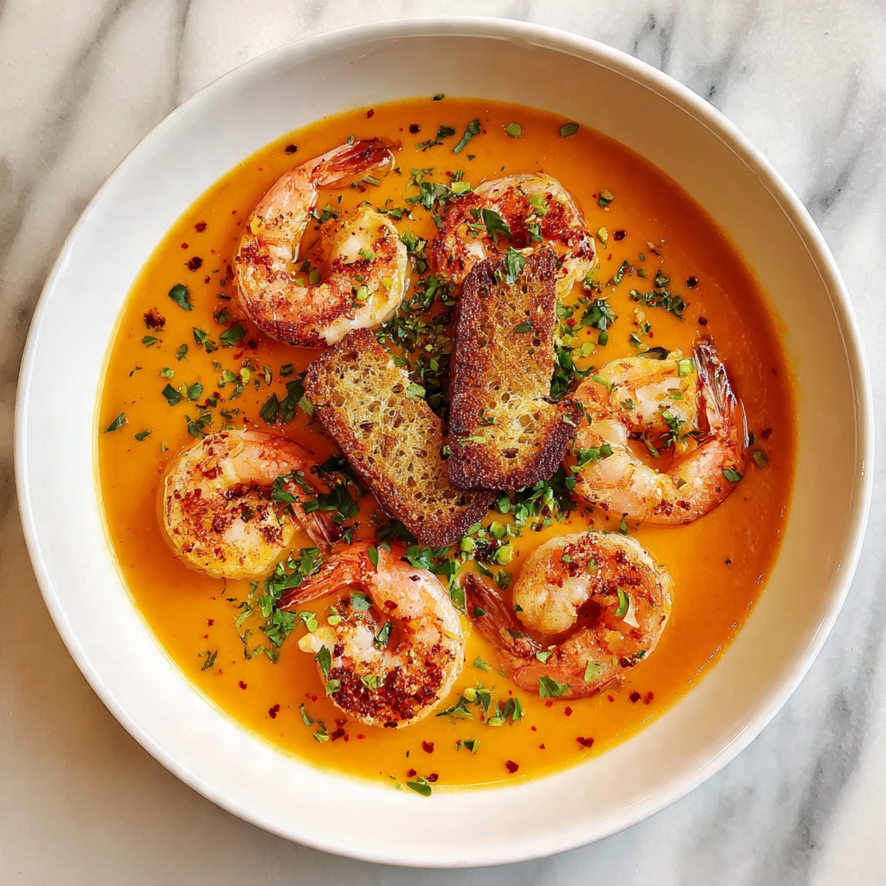 A white bowl filled with a creamy orange soup topped with five cooked shrimp arranged evenly in a circle. Three small toasted bread pieces sit in the middle on top of the shrimp. The soup surface is lightly sprinkled with green herbs and red spices. The bowl rests on a white marbled surface. photo taken with an iphone --ar 4:5 --v 7