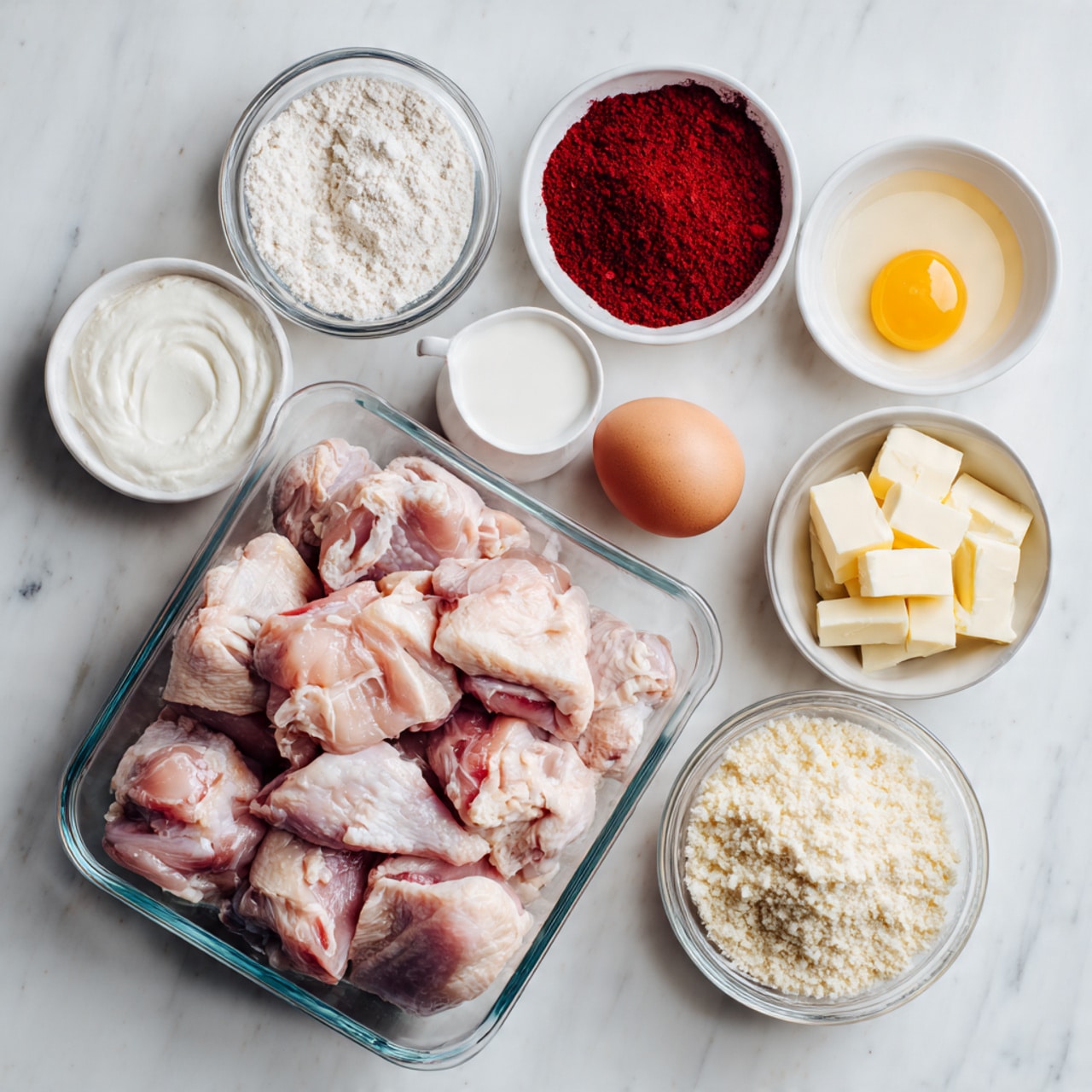 The image shows raw chicken pieces in a clear glass tray placed on a white marbled surface. Surrounding the tray are small white bowls and ramekins filled with various ingredients: a bowl of white flour, a bowl of red powder, a bowl with a white creamy sauce, a bowl of cubed butter, a bowl with a single egg, a small dish with a white grainy substance, and another bowl of a pale crumbly powder. The ingredients are neatly arranged with clear colors and textures, creating an organized layout. photo taken with an iphone --ar 4:5 --v 7