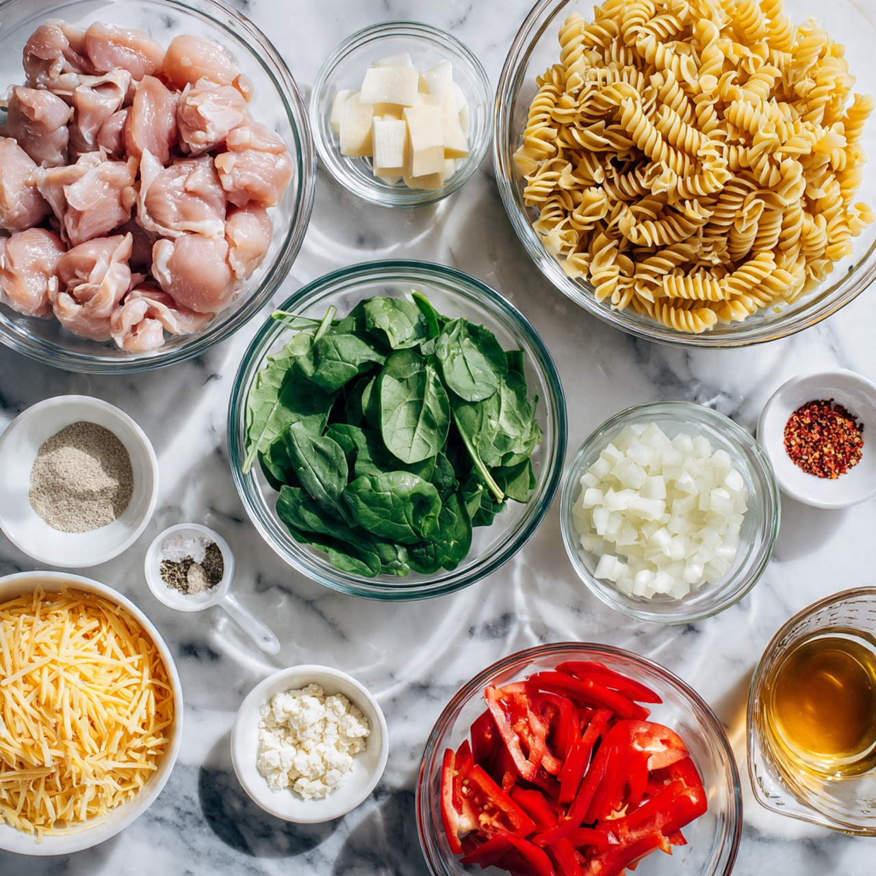 The image shows a white marbled surface with several clear glass bowls arranged neatly. There is one large bowl with raw, pink chicken pieces on the top left, and next to it on the right is a bowl filled with golden-yellow dry pasta. Below these, there is a bowl filled with fresh green spinach leaves, bright red sliced bell peppers, and a smaller bowl with shredded yellow cheese. Surrounding these are smaller bowls with various ingredients: chopped white onion, a block of cream cheese, several small amounts of white powdered substances, black pepper, reddish spice, and a clear bowl of water. A glass measuring cup with a golden-brown liquid is placed near the top right. The bowls and cups create an organized and colorful collection of ingredients. photo taken with an iphone --ar 4:5 --v 7