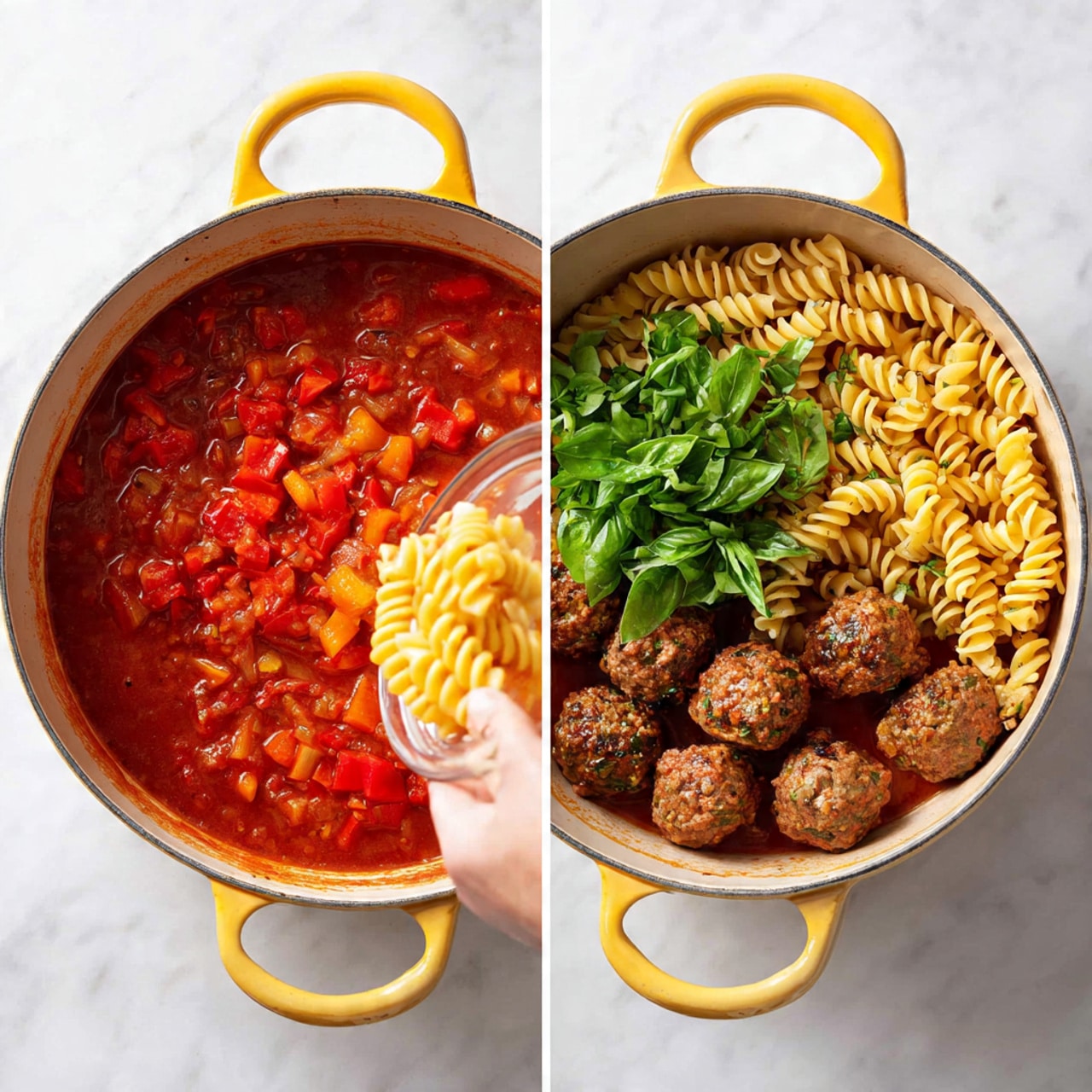 Two side-by-side images show a yellow pot on a white marbled surface. The left image has a thick red broth filled with small pieces of diced red peppers and onions, with a woman's hand pouring spiral pasta into the pot. The right image shows the same red broth now containing meatballs and cooked spiral pasta scattered inside. A pile of fresh green basil leaves sits on top in the center. The pot's interior shows some red sauce stains along the edges. photo taken with an iphone --ar 4:5 --v 7