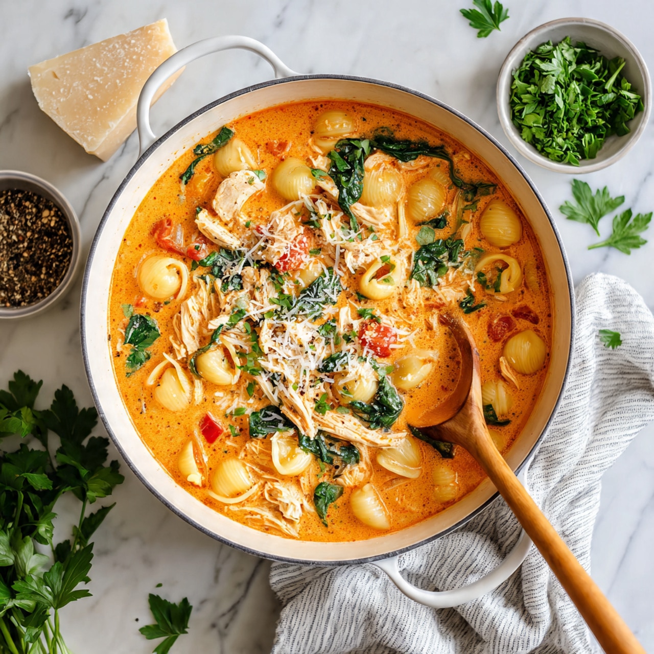 A white pot filled with a creamy orange soup that has small round pasta pieces, shredded chicken pieces, bright green spinach leaves, and small bits of red tomato. On top, there are some fresh green parsley leaves and a sprinkle of grated white cheese. A wooden spoon is resting inside the pot on the right side, partly submerged. The pot is set on a light grey and white striped cloth, all on a white marbled surface. Around the pot, there are some scattered parsley leaves, a grey plate holding a block and some grated cheese, a small bowl of fresh green parsley, and a small jar of black pepper. Photo taken with an iphone --ar 4:5 --v 7