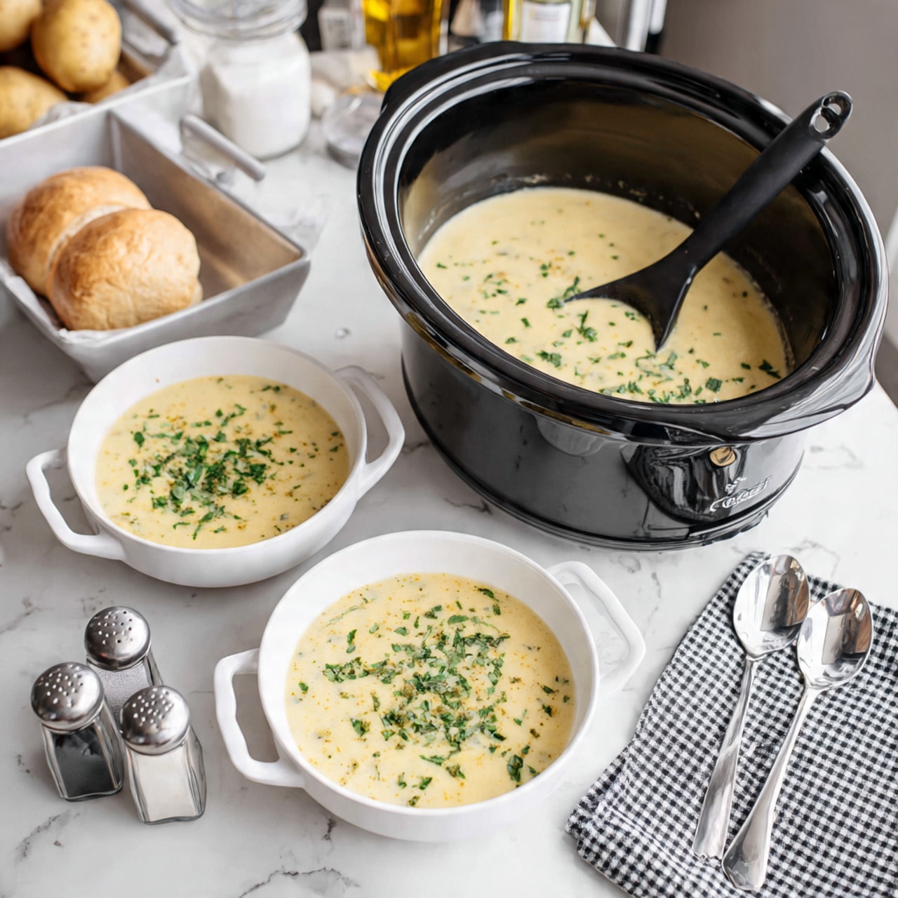 The image shows a black Crock-Pot filled with creamy, light yellow soup with small green herb bits on top. A black ladle is inside the Crock-Pot on the right side. In front of it, there are two white soup bowls filled with the same soup, each topped with green herbs. The bowls have handles on each side and sit on a white marbled surface. There are two silver spoons resting on a black and white checkered cloth to the bottom right. On the left side, there is a white bowl with a roll, and next to it, there are salt and pepper shakers. On the right edge, a white container holds a few yellow potatoes. The background also shows a white marbled texture with bottles visible in the distance. Photo taken with an iphone --ar 4:5 --v 7