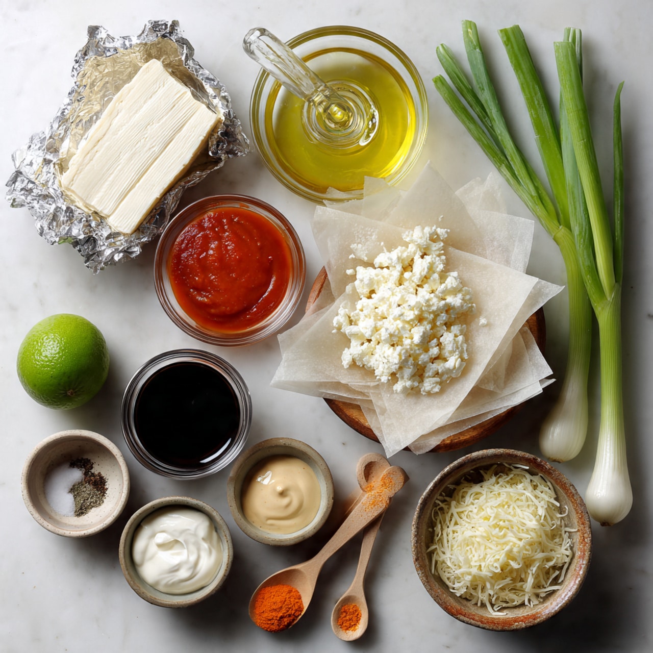 The image shows various cooking ingredients laid out neatly on a white marbled surface. There is a large wedge of cream cheese partially wrapped in foil on the left, next to a whole green lime. Above it, a small bowl of smooth red sauce sits beside a clear glass container of light yellow oil with a glass juicer on top. Three long green onions with white bases extend from the right side. In the center, a bowl of white crumbled cheese is placed near a cluster of translucent, thin triangular wrappers on parchment paper. To the right of these wrappers, a bowl filled with bright orange sweet chili sauce is visible. Below, there are small bowls containing salt, black pepper, sour cream, mayonnaise, and a dark brown liquid, likely soy sauce or vinegar. Lastly, a small rustic bowl on the lower right holds shredded mozzarella cheese, and near it are two tiny wooden spoons with beige powdered spices. photo taken with an iphone --ar 4:5 --v 7