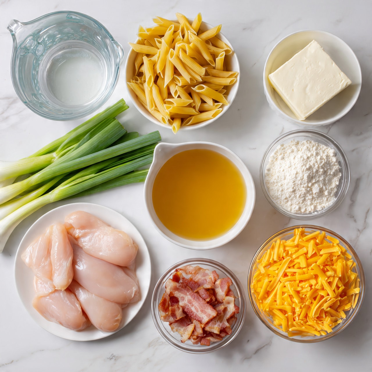 The image shows nine bowls and containers arranged on a white marbled surface, each holding different ingredients for a meal. Starting from the top left, there is a clear glass measuring cup filled with water. To the right is a white bowl with raw yellow penne pasta. Next to it on the far right is a block of white cream cheese. Below that, in a small clear bowl, is a heap of white flour. To the right of the flour, a clear bowl contains pieces of cooked crispy bacon. Below the bacon are four whole fresh green onions with long green stalks and white bulbs. Near the center, a large clear measuring cup is filled with golden chicken broth. Slightly left of that is a small glass bowl holding oil. Below the oil is a white bowl full of shredded bright orange cheddar cheese. At the far bottom left, a round white plate holds several raw pale pink chicken fillets neatly stacked. photo taken with an iphone --ar 4:5 --v 7