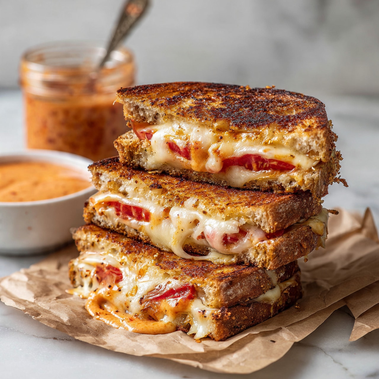 The image shows a stack of three grilled cheese sandwiches on a piece of brown paper. Each sandwich has golden toasted bread with melted cheese oozing out and visible slices of red tomato inside. The sandwiches are stacked unevenly, with the middle one slightly tilted. A spoon inside a glass jar filled with reddish spread is placed behind the stack, and a white bowl with orange sauce is nearby. The surface beneath is a white marbled texture. Photo taken with an iphone --ar 4:5 --v 7