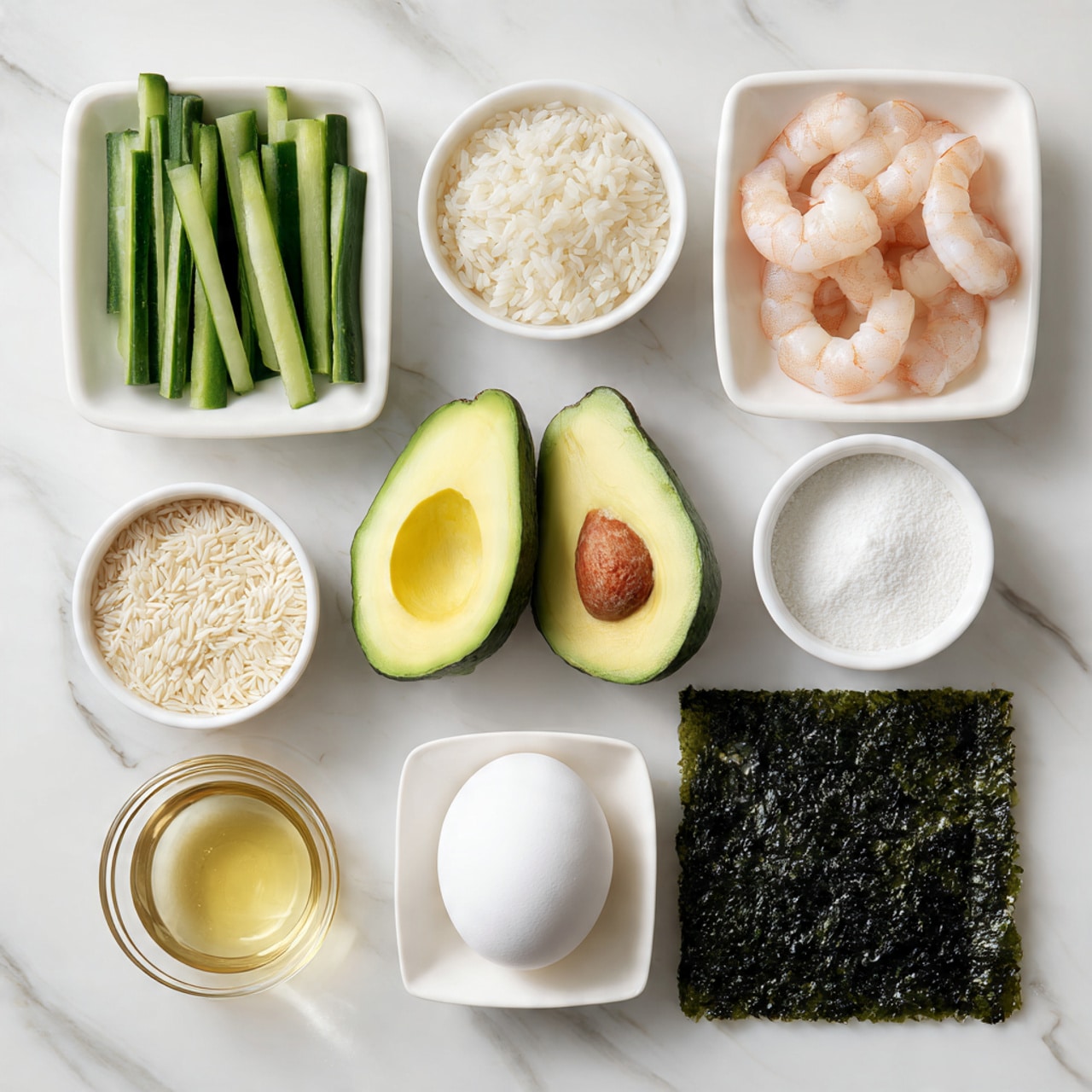The image shows a collection of sushi ingredients arranged neatly on a white marbled surface. Starting from the top left, there is a white bowl filled with long, thin green cucumber sticks that have a slight gloss, showing freshness. Below it, two avocado halves sit side by side, one showing a smooth brown seed in the center, with yellow-green flesh that appears soft and creamy. Next to the avocado is a small white bowl filled with short, white grains of sushi rice, packed loosely but clearly visible. Above the rice is another white bowl holding several pale pink shrimp with a gentle curve and a slightly glossy texture. To the right of the shrimp is a large square sheet of shiny, dark green-black seaweed with a crinkled, rough surface. Below the seaweed is a perfect white egg, smooth and unblemished. Next to the egg is a small glass containing a light golden liquid, most likely rice vinegar. In the bottom row, to the left of the egg, there is a small white bowl filled with white flour, soft and powdery. Beside it is another white bowl with a white powder likely cornstarch, appearing fluffy and airy. In the center are two tiny glass bowls, one with coarse pink salt, the other with fine white granulated sugar. The ingredients are organized in rows and columns, with the clean white bowls enhancing the natural colors of the food, all set against the simple white marbled background. photo taken with an iphone --ar 4:5 --v 7