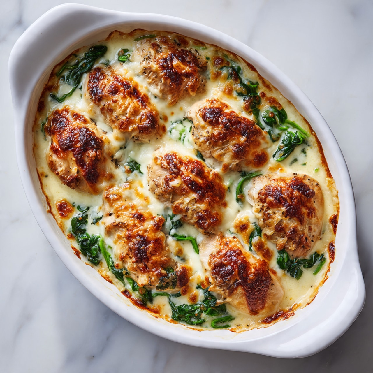 A white oval baking dish filled with creamy chicken and spinach casserole, showing multiple pieces of golden-browned chicken layered on top, covered with melted cheese that is browned in spots, with visible green spinach leaves spread evenly throughout the creamy sauce underneath. The dish rests on a white marbled surface with soft natural light coming from the side, highlighting the texture of the baked cheese and creamy sauce. photo taken with an iphone --ar 4:5 --v 7