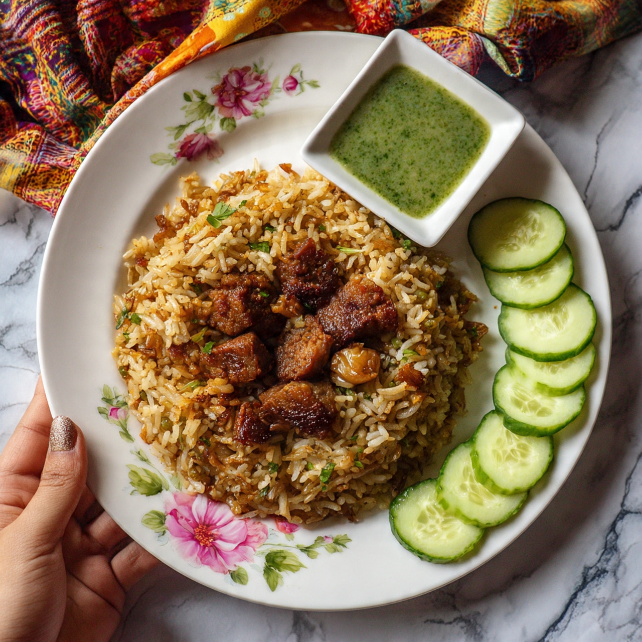 The image shows a plate of cooked brown rice mixed with pieces of meat, arranged in a circular shape on a white plate with a floral edge. On the lower side of the plate, there are several thin slices of cucumber placed closely together in a semi-circle. Above the rice, a square white bowl contains a green sauce or dip. The plate is on a white marbled surface with part of a colorful cloth visible nearby. A woman's hand is holding the edge of the plate on the left side. Photo taken with an iphone --ar 4:5 --v 7