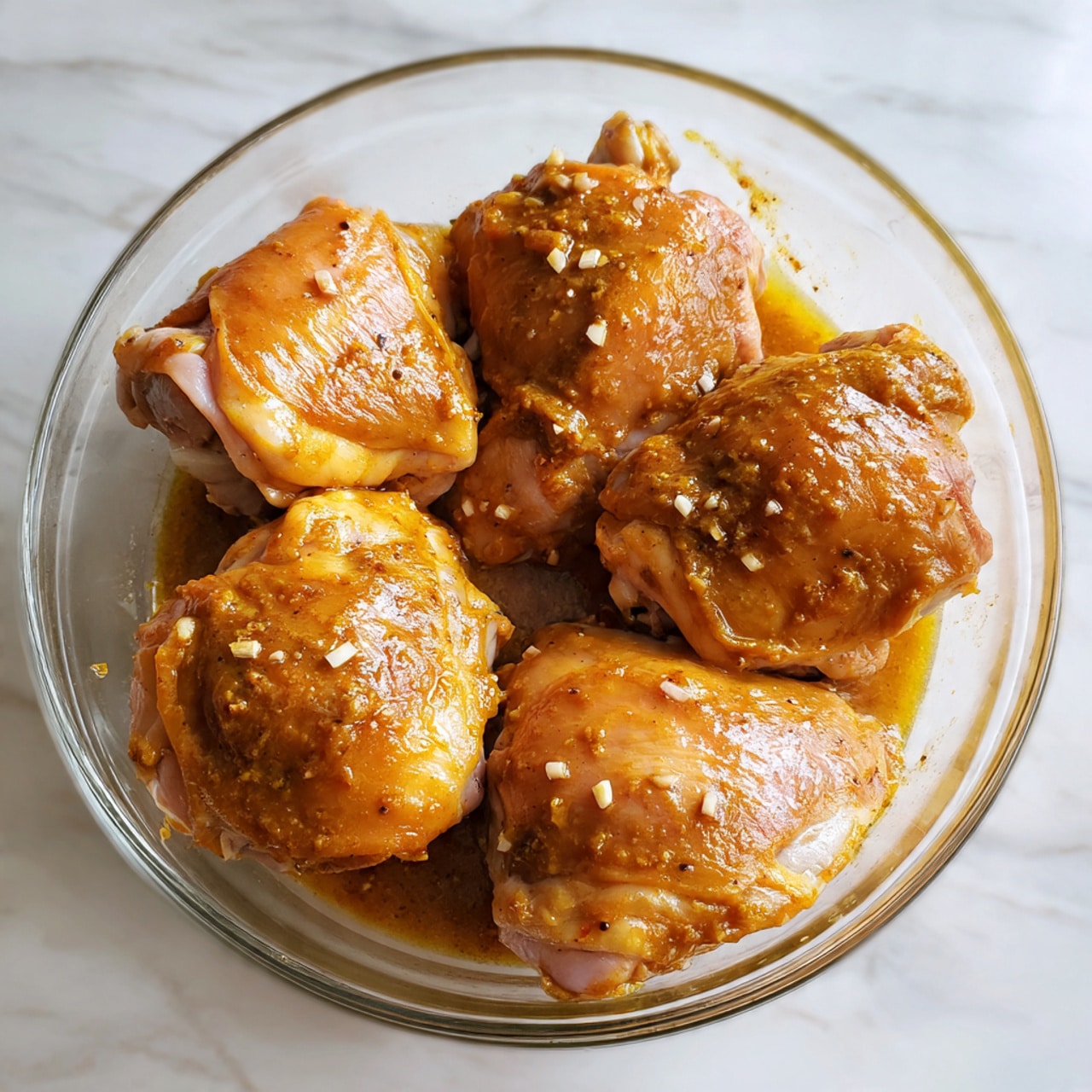 A clear glass bowl filled with five pieces of raw chicken thighs layered in a close circular pattern. Each chicken piece is coated with an orange-brown marinade, showing visible bits of garlic and spices on the skin. The bowl sits on a white marbled surface that adds a soft elegant touch to the scene. photo taken with an iphone --ar 4:5 --v 7