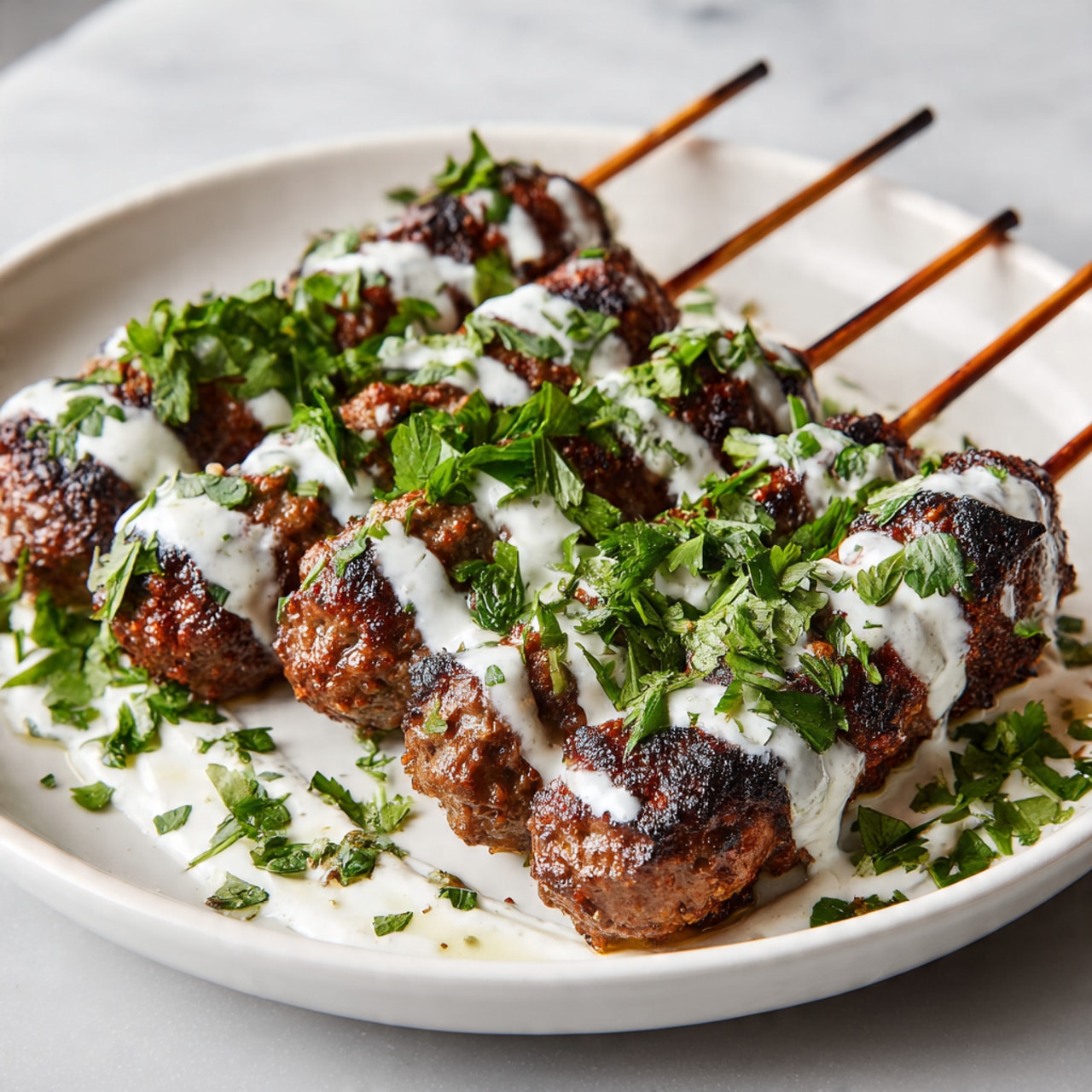The image shows six skewers of grilled meat placed side by side on a large white round plate. Each skewer has brown, slightly crispy meatballs with a rough texture. Over the meat, there is a white sauce drizzled unevenly, creating soft patches on top of each skewer. Small, bright green chopped herbs are spread all over the meat and sauce, adding a fresh contrast of color. The plate is set on a white marbled surface. photo taken with an iphone --ar 4:5 --v 7