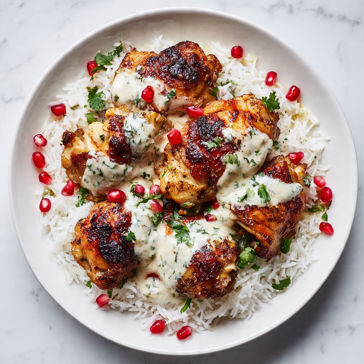 A white plate holds several pieces of cooked chicken with golden brown and slightly crispy skin, topped with a creamy white sauce that has green herbs mixed in. The chicken is placed on a bed of fluffy white rice. Bright red pomegranate seeds are scattered on top and around the chicken, adding a fresh pop of color. The plate sits on a white marbled surface. photo taken with an iphone --ar 4:5 --v 7