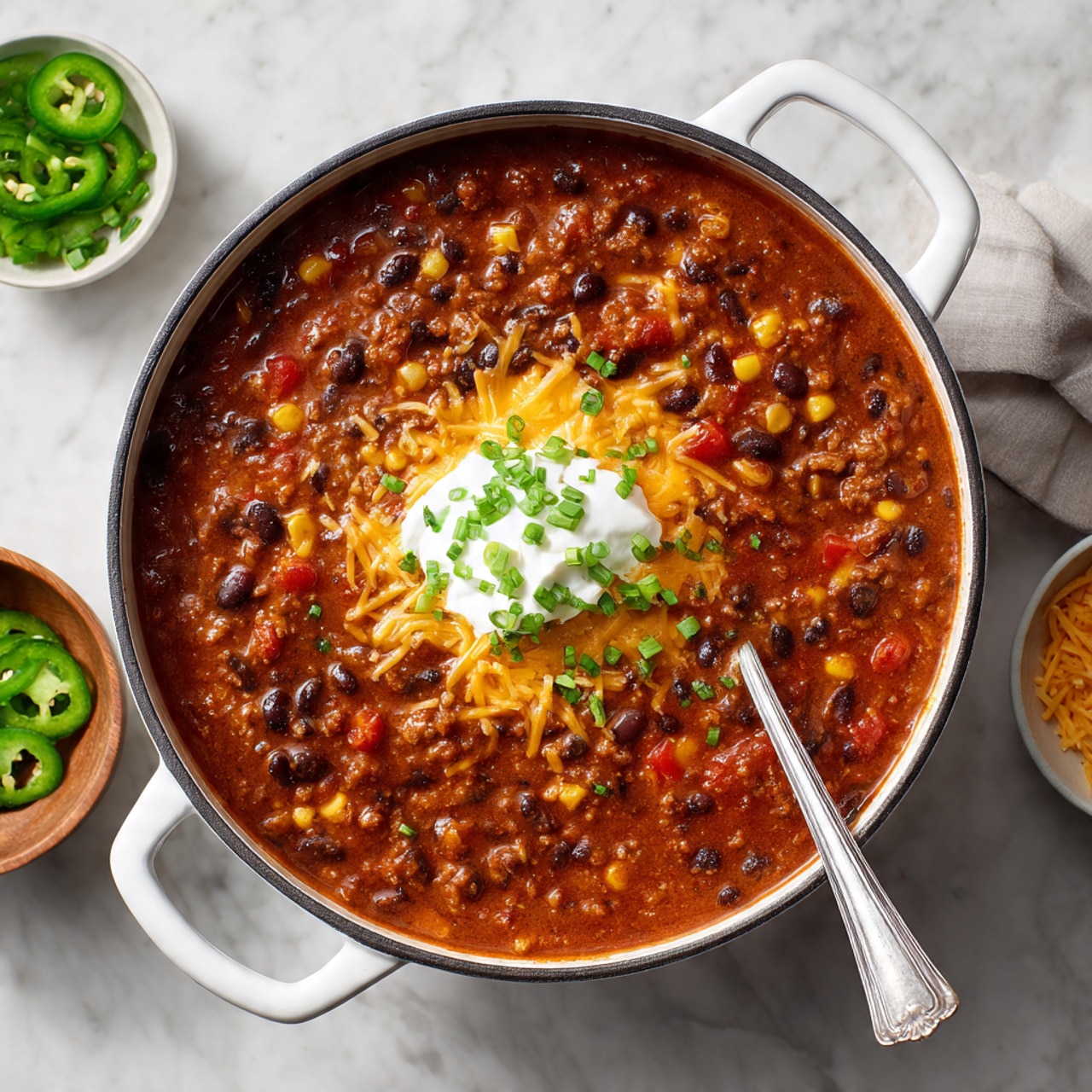A white pot filled with thick orange-brown chili made of black beans, corn, red bell pepper pieces, and small brown chunks of meat. The chili is topped with a small pile of bright orange shredded cheddar cheese, a dollop of white sour cream, and a sprinkling of chopped green onions in the center. A metal serving spoon and fork rest inside the pot. Around the pot on a white marbled surface, there is a small bowl of sliced green jalapeños, a small white bowl of chopped green onions, a bowl with shredded cheddar cheese, and a small wooden bowl filled with sour cream. Photo taken with an iphone --ar 4:5 --v 7