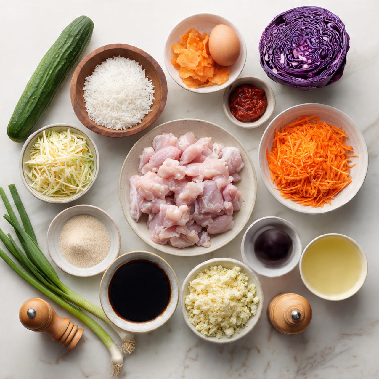 The image shows many ingredients arranged neatly on a white marbled surface, each in its own small white bowl or placed directly on the surface. In the center is a bowl filled with raw pink chicken pieces. Surrounding it are a bowl of cooked white rice, a bowl of shredded orange carrots, a bowl of crumbly light yellow cauliflower rice, and a bowl of a white powder. Also visible are a whole cucumber, a bunch of green onions, half a purple cabbage, a brown egg, small bowls with dark soy sauce, red sauce, and beige powder, a small wooden pepper shaker, a bowl with a creamy white sauce, and another bowl with a clear golden liquid. photo taken with an iphone --ar 4:5 --v 7