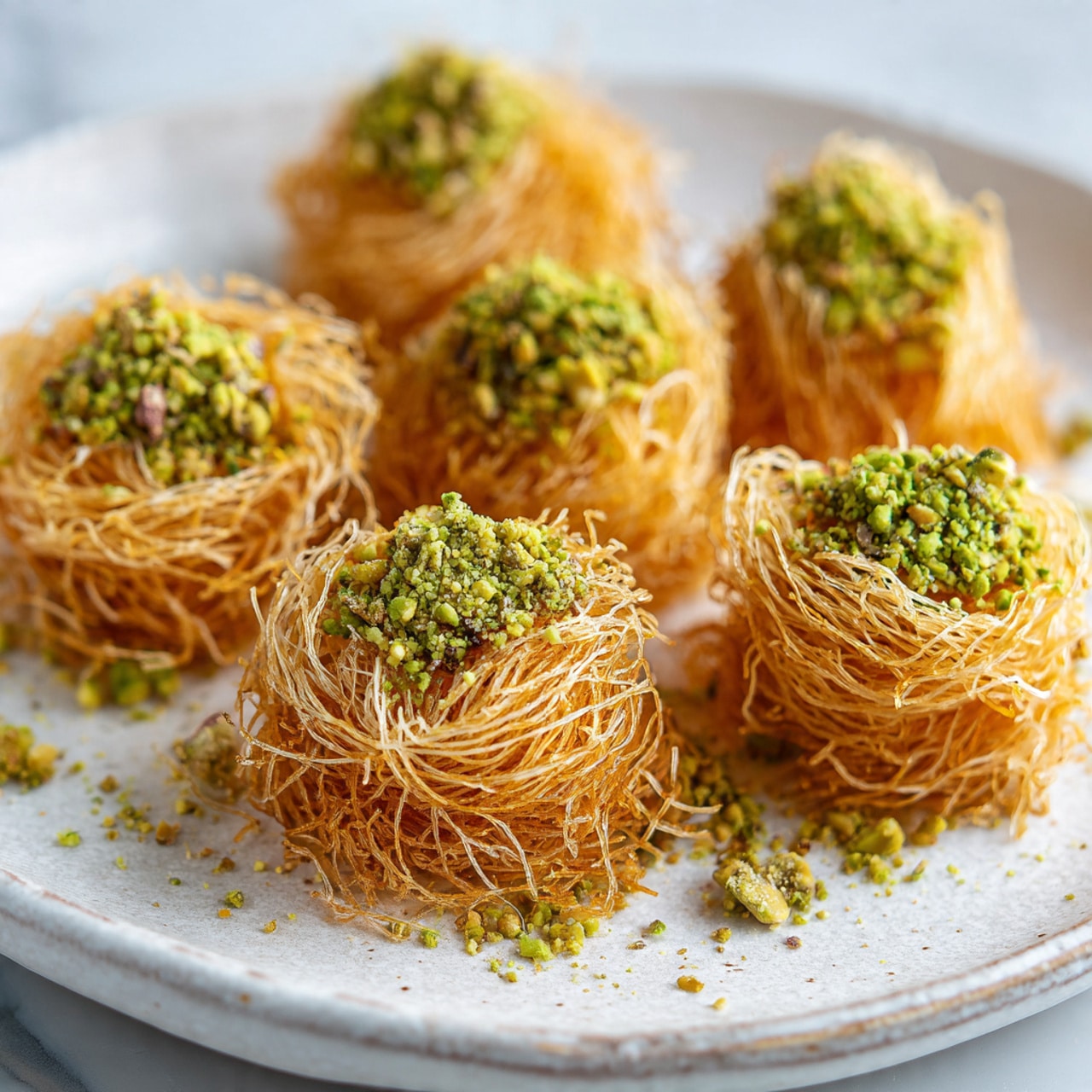 The image shows several pieces of a dessert made of thin, golden strands that look crispy and light, shaped roughly into small rolls or nests arranged on a white plate with a slight texture. Each piece is topped with a small pile of crushed green pistachios, adding a contrasting color and texture to the delicate strands. The dessert pieces have a slightly uneven surface with wispy, airy strands that stick out, making the texture appear very fine and fragile. The background is a white marbled texture that makes the golden tones of the dessert stand out. photo taken with an iphone --ar 4:5 --v 7