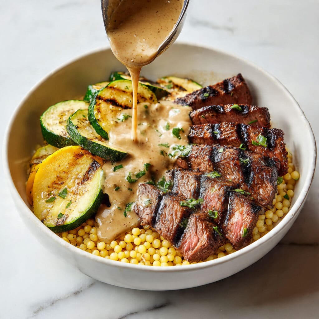 Grilled Steak Bowl with Creamy Sauce and Grilled Zucchini Recipe