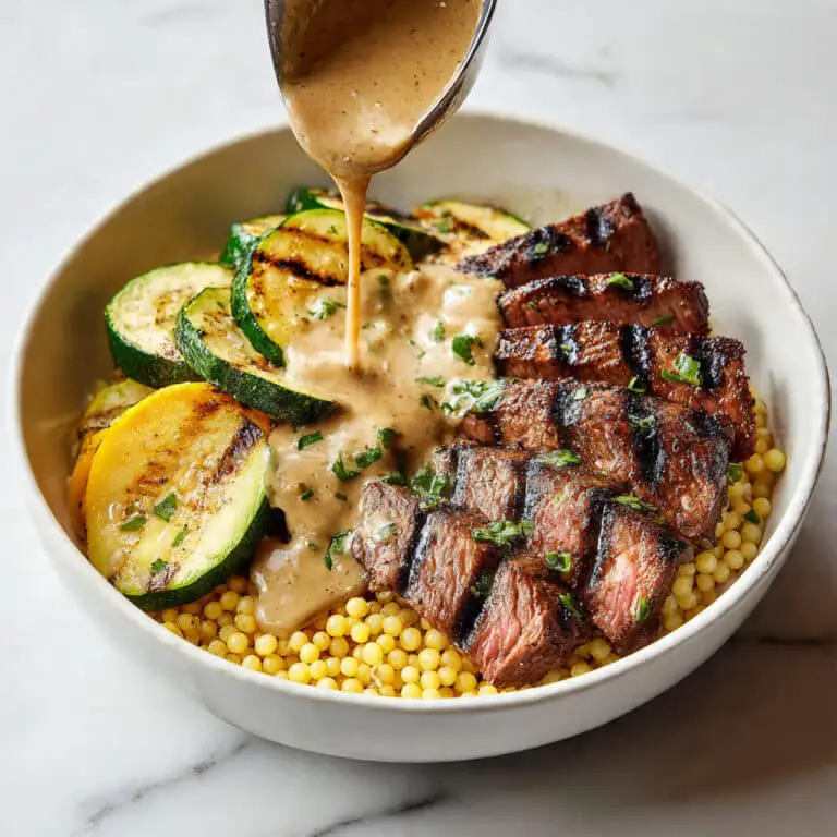 Grilled Steak Bowl with Creamy Sauce and Grilled Zucchini Recipe