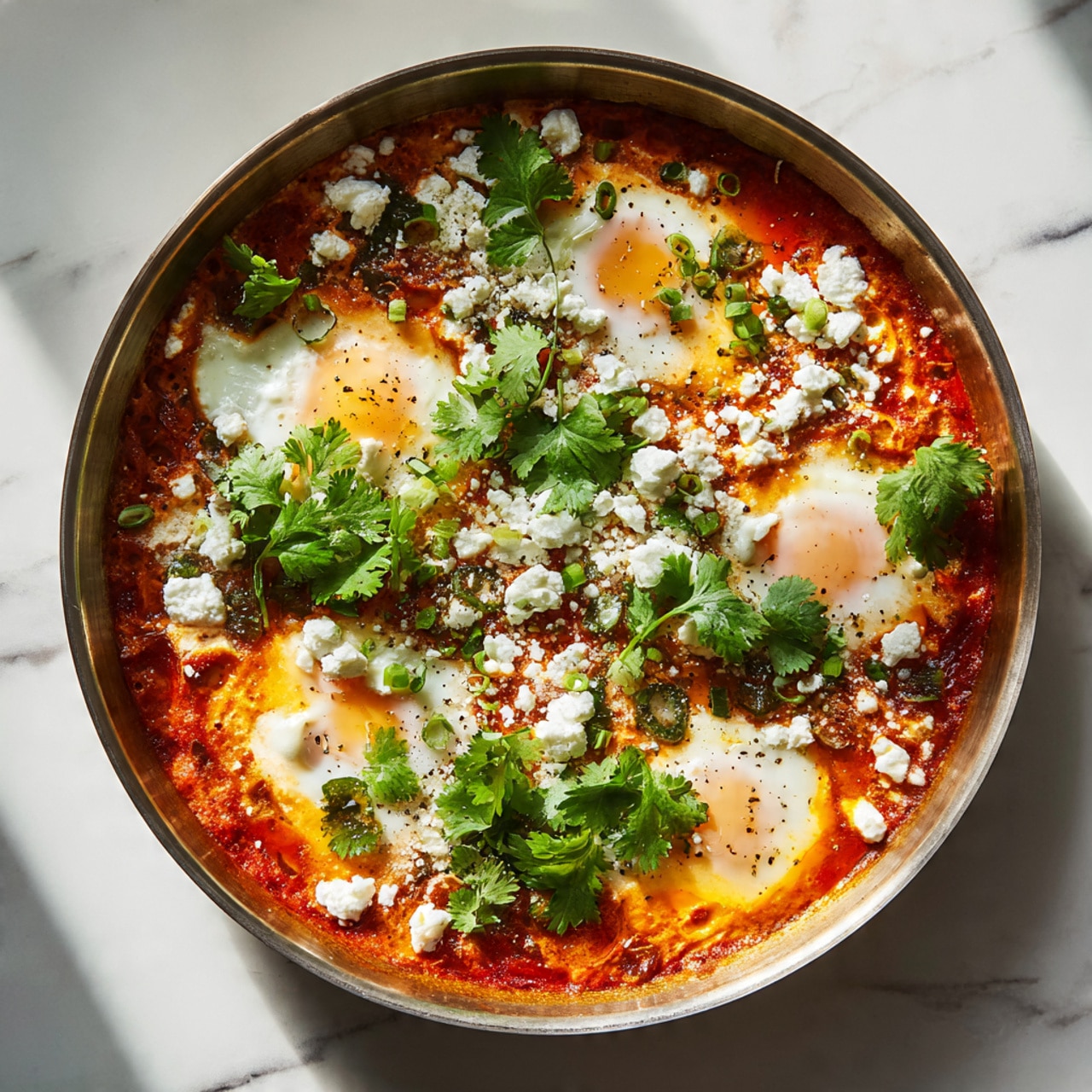 The image shows a round pan filled with a vibrant orange-red tomato sauce base layered with several partially cooked eggs whose whites are slightly translucent with soft yellow yolks visible underneath. Crumbled white cheese is scattered generously on top alongside fresh green herbs, including cilantro leaves and small green pieces, adding a fresh contrast to the rich sauce. The pan rests on a white marbled surface with natural light highlighting the vibrant colors and textures of the dish, creating a fresh and appetizing look. photo taken with an iphone --ar 4:5 --v 7