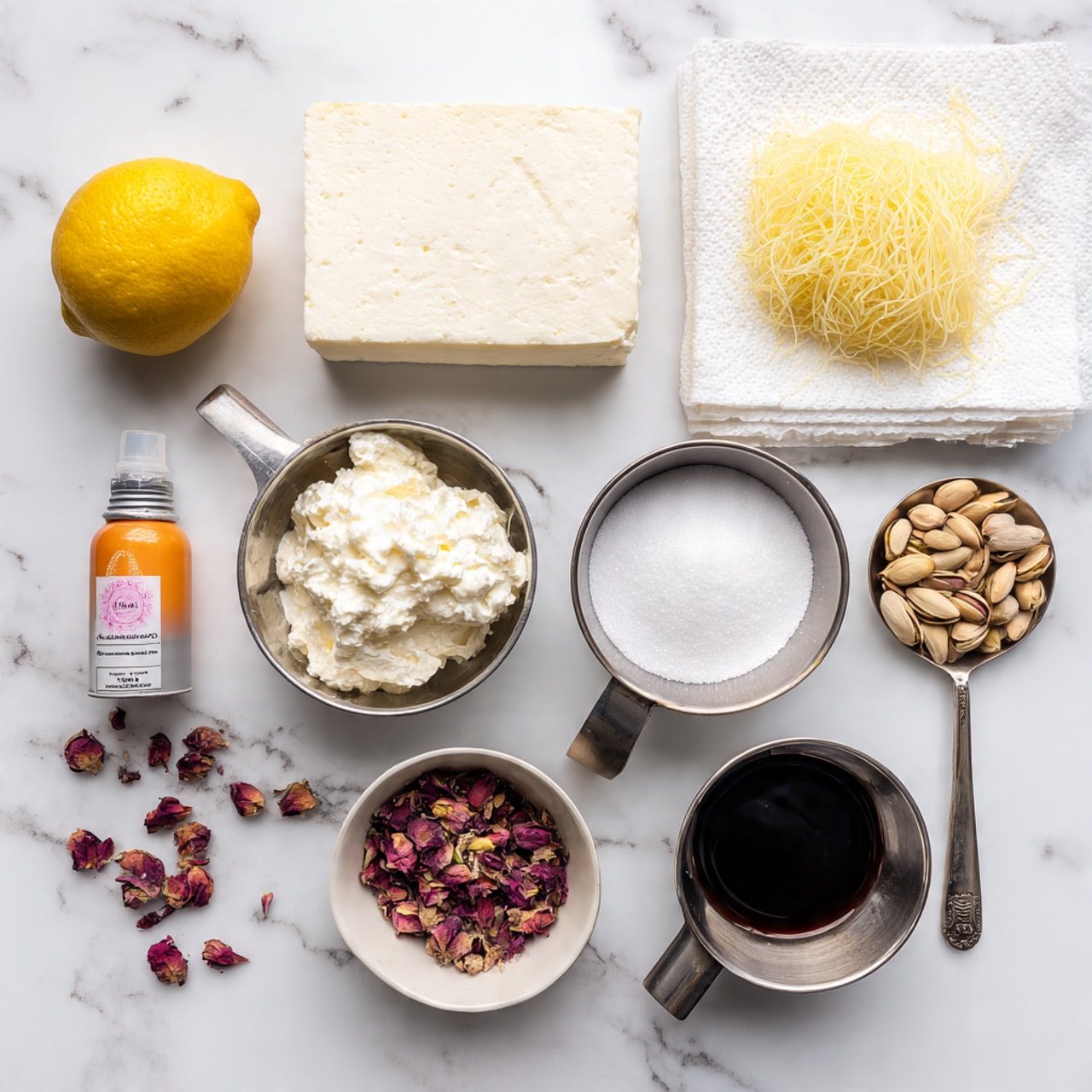 The image shows an arrangement of ingredients on a white marbled surface. On the left side, there is a whole lemon and a small bottle with a pink label. Below these, there is an orange (now white) cooking spray can. Next to it, a metal measuring cup is filled with a white soft cheese with a creamy texture. To its right, another metal measuring cup holds white granulated sugar. Further right, a measuring cup contains whole pistachio nuts. Next is a smaller metal measuring spoon filled with dried rose petals, and lastly, a teaspoon with a dark thick syrup-like liquid. Above the measuring cups and spoons, there is a white paper towel with a nest of pale yellow, thin vermicelli noodles. In the upper center, there is a white block of soft cheese or cream cheese. The composition is neat with all items aligned horizontally. photo taken with an iphone --ar 4:5 --v 7