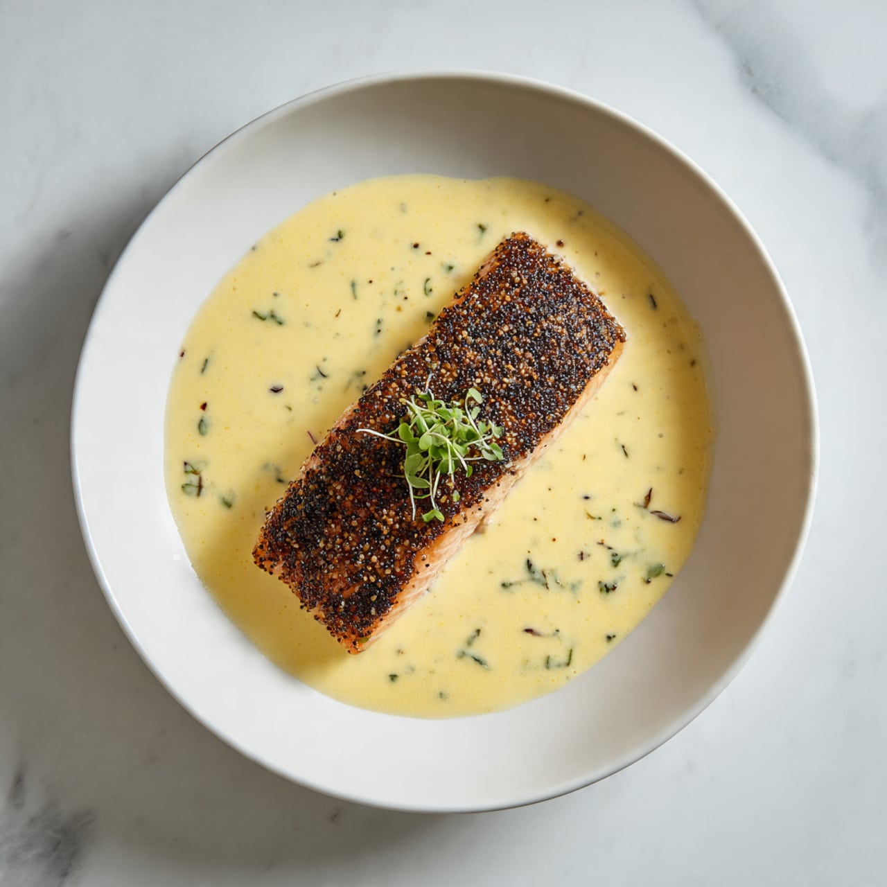 The image shows a single rectangular piece of dark, crusted salmon with visible seeds and spices on top, placed in the middle of a white plate. The salmon is sitting on a creamy yellow sauce with small green herb pieces mixed in, covering the bottom of the plate evenly. On top of the salmon, there is a small green herb garnish for decoration. The plate is on a white marbled surface with soft natural light. Photo taken with an iphone --ar 4:5 --v 7