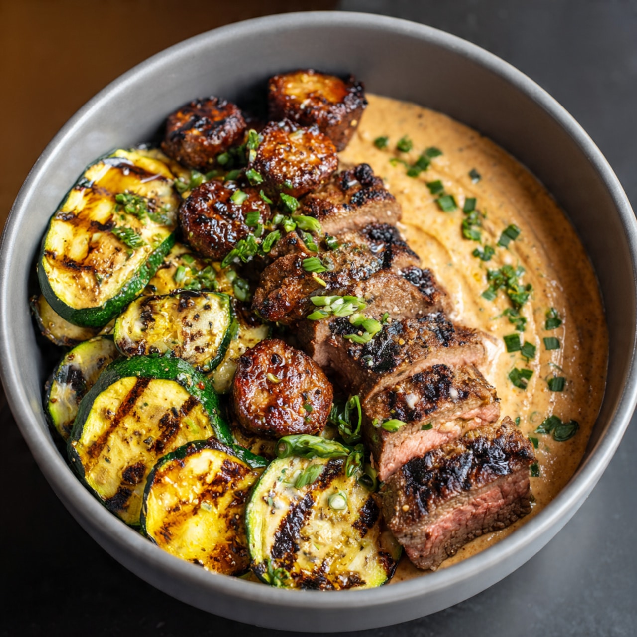 The dish shows a gray bowl filled with three main parts: grilled meat, grilled zucchini, and creamy sauce. The grilled zucchini slices are on the outer edge, slightly charred with green and yellow colors. Inside the zucchini circle, there are several pieces of grilled meat, some whole and some sliced showing a pink center. The right side of the bowl is covered with a thick, light brown creamy sauce topped with small green herb pieces. Photo taken with an iphone --ar 4:5 --v 7