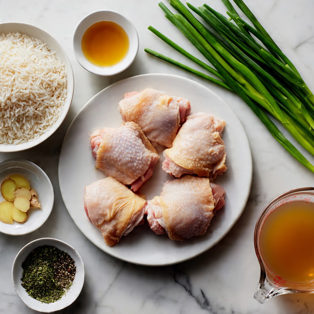 The image shows four pieces of raw chicken thighs with skin on a white round plate placed in the center. Around the plate, there are small white bowls with sliced ginger, oil, and a light brown liquid. To the left, there is a white bowl filled with uncooked rice and fresh green herbs near two small bowls, one with ground black pepper and the other with coarse salt. On the right side of the plate, there are fresh green onions laid out. The scene is set on a white marbled surface, with a glass measuring cup filled with light brown broth in the lower right corner. photo taken with an iphone --ar 4:5 --v 7
